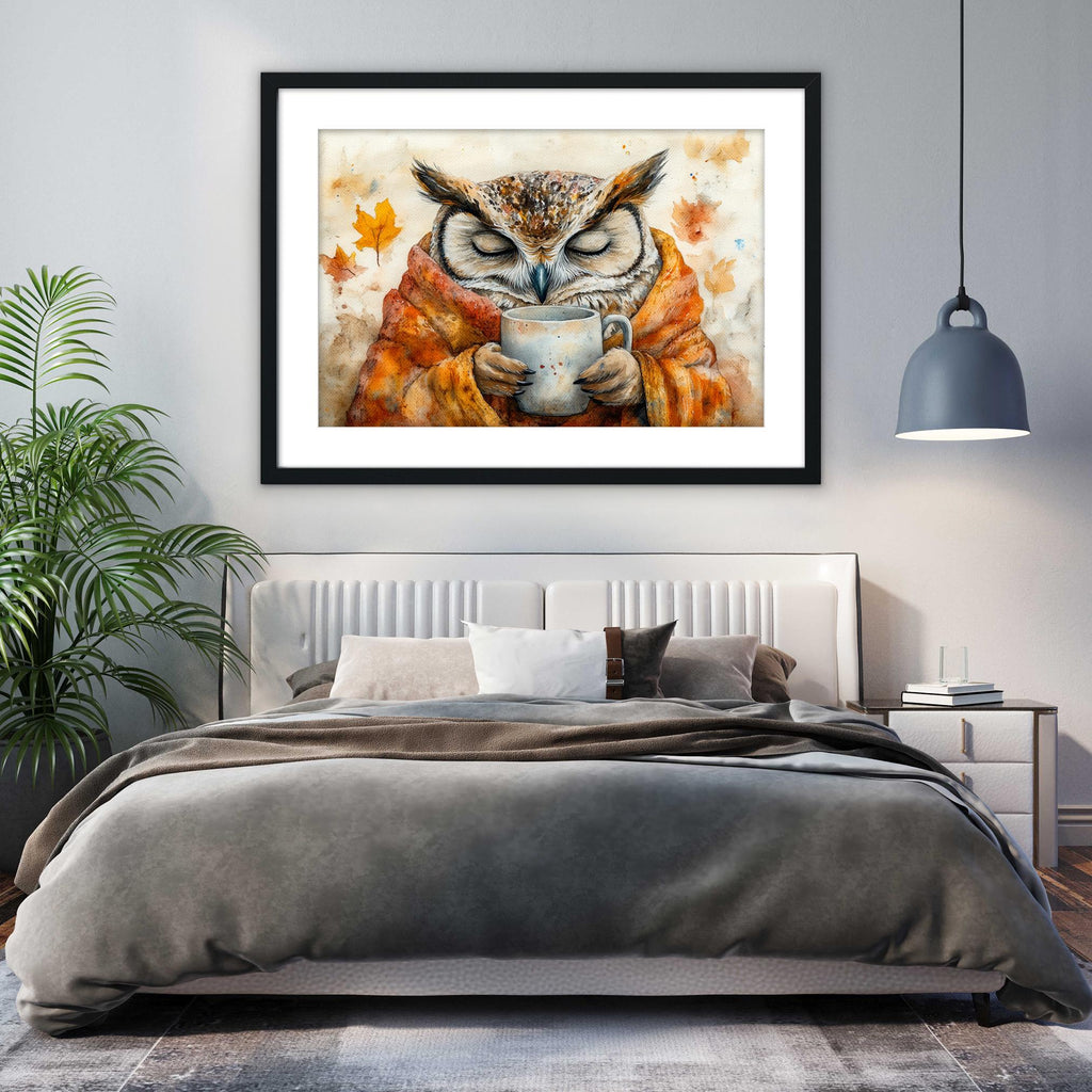 a cozy bedroom scene with a large bed, a framed painting of an owl drinking from a mug, and a potted plant on the left side of the room.