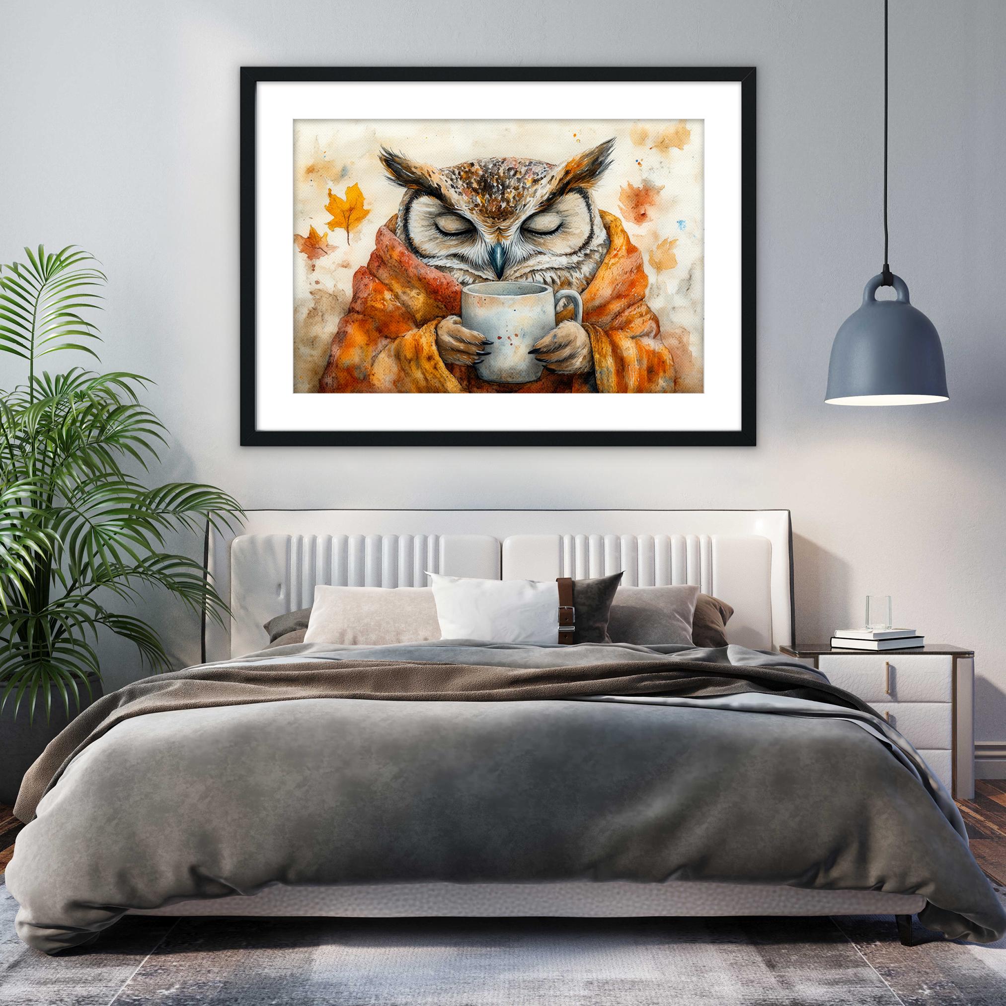 a cozy bedroom scene with a large bed, a framed painting of an owl drinking from a mug, and a potted plant on the left side of the room.