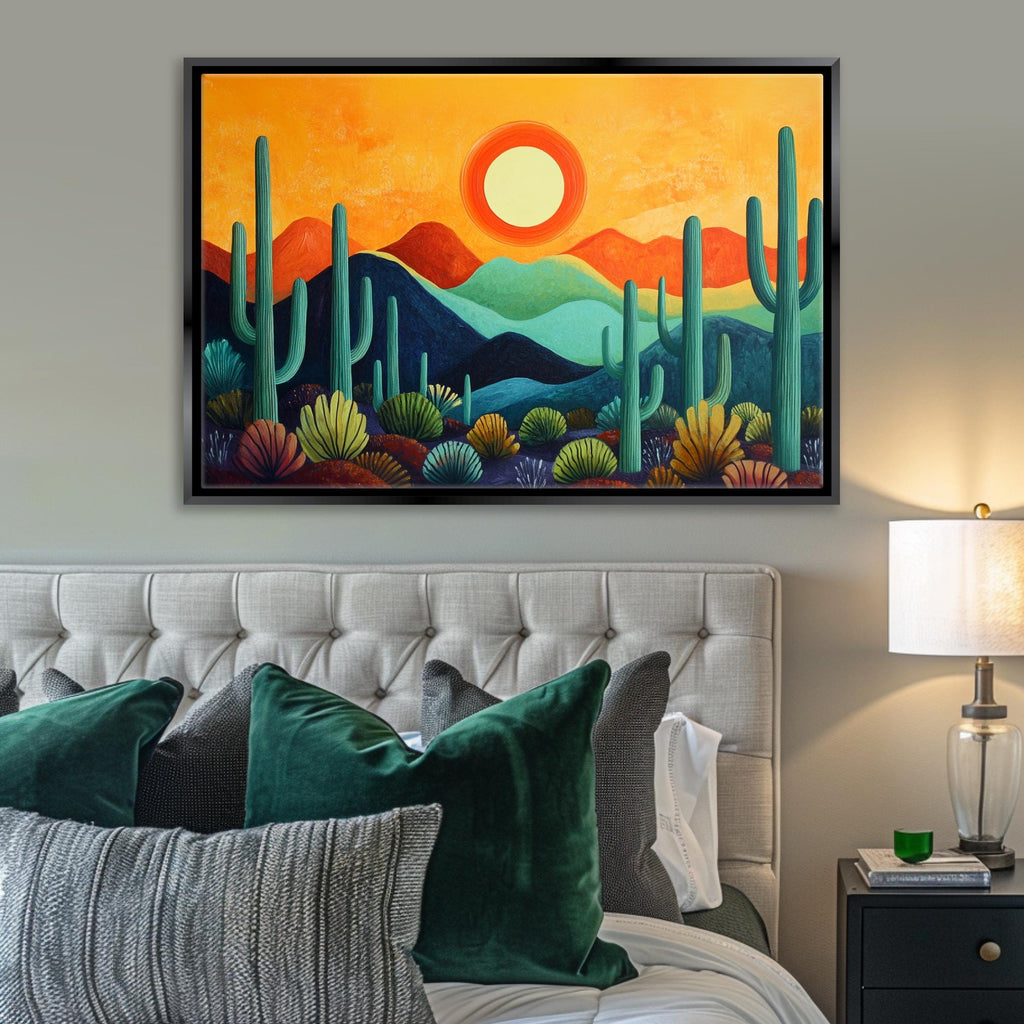 a bedroom with a bed and a painting on the wall