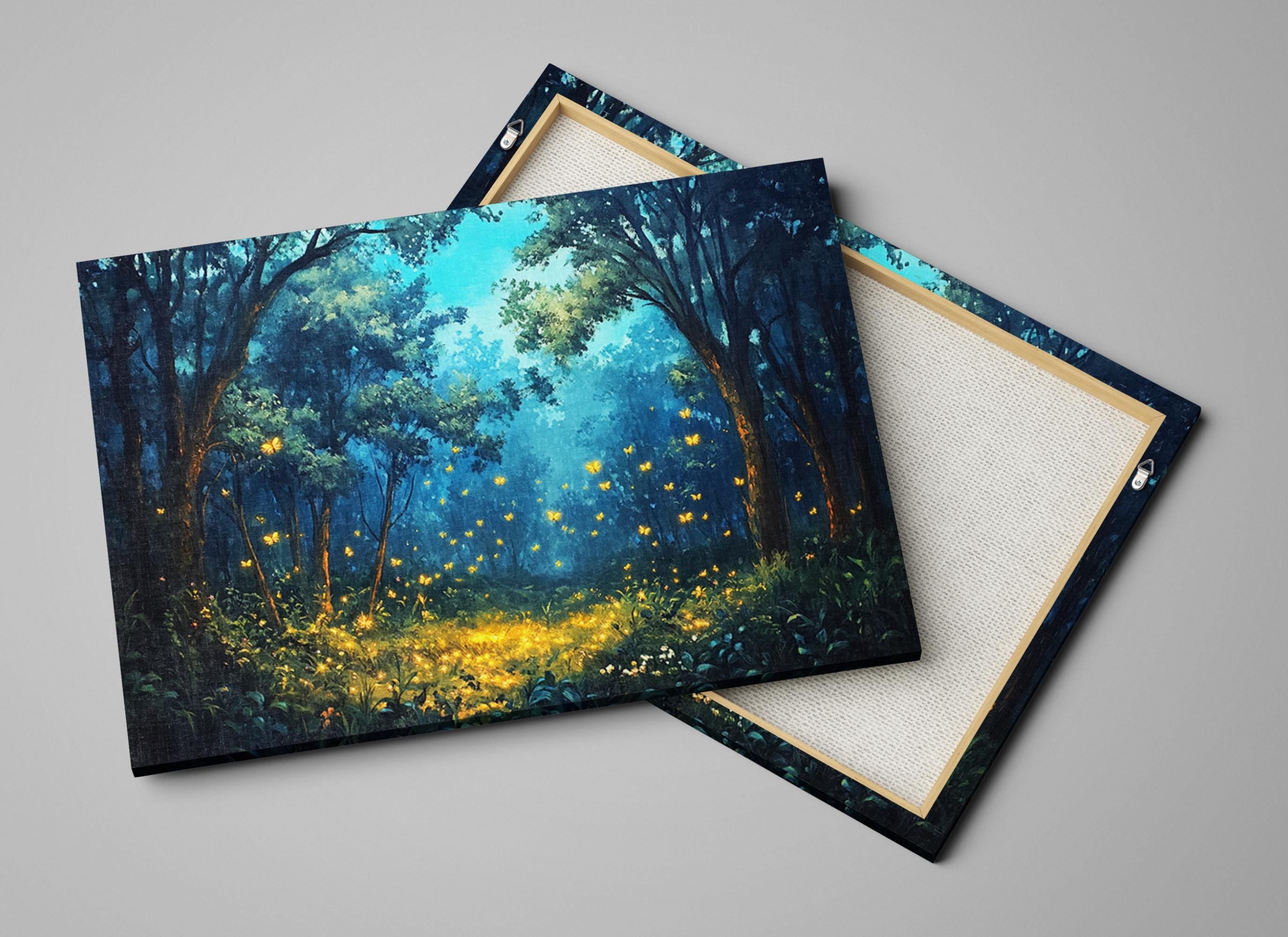two paintings of a forest with fireflies on them