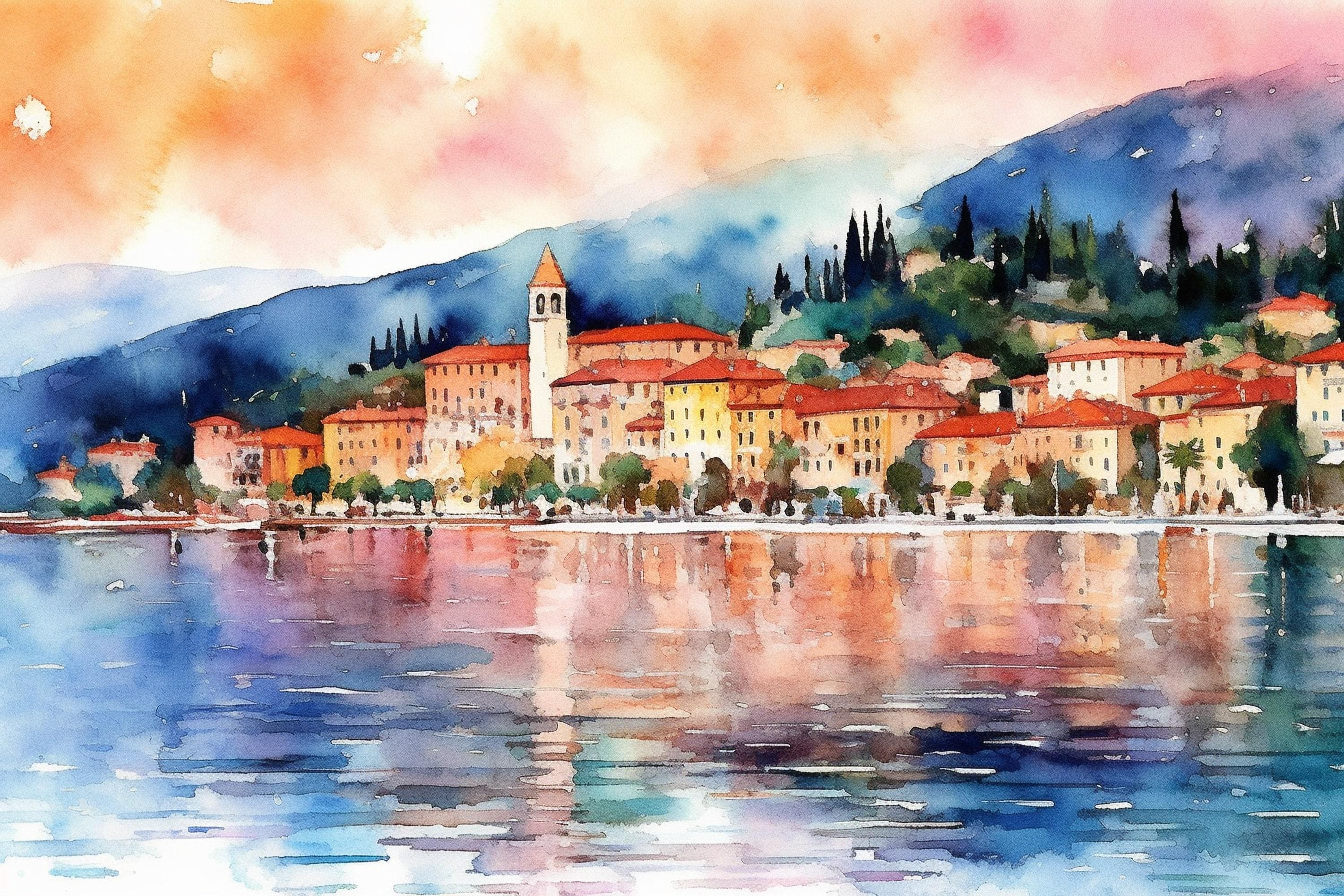 Bellagio Bliss - Lake Como Views Watercolor Painting, Giclee Print on Canvas, Artist Paper, Watercolor Paper, Available in Extra Large Sizes
