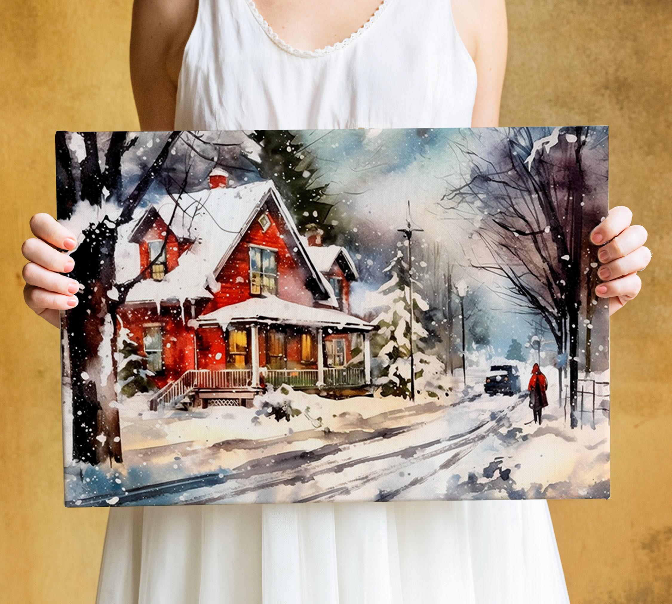 Snowy Christmas Landscape Watercolor - Seasonal Home Decor, Print on Canvas, Artist Paper, Watercolor Paper, Available in Extra Large Sizes