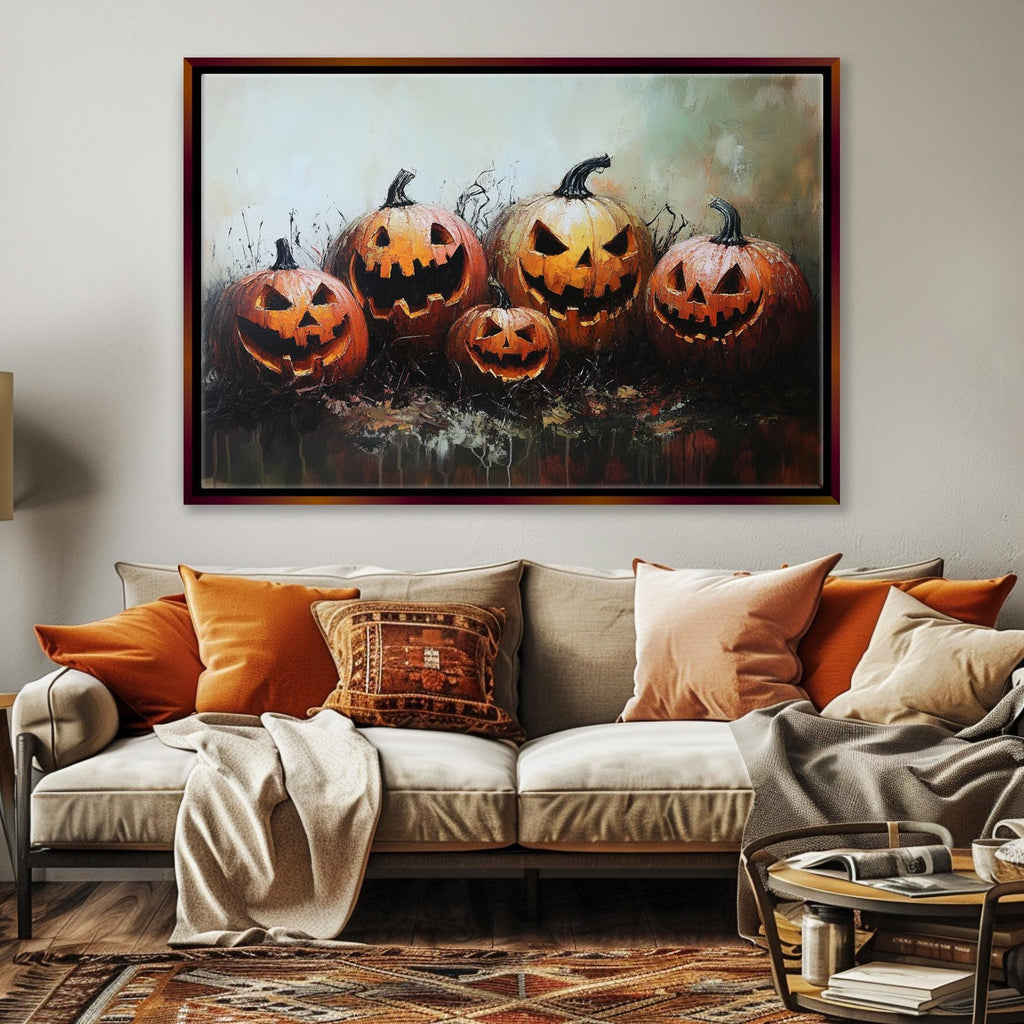 Halloween Wall Art – Extra Large Framed Canvas with Glowing Jack O Lanterns