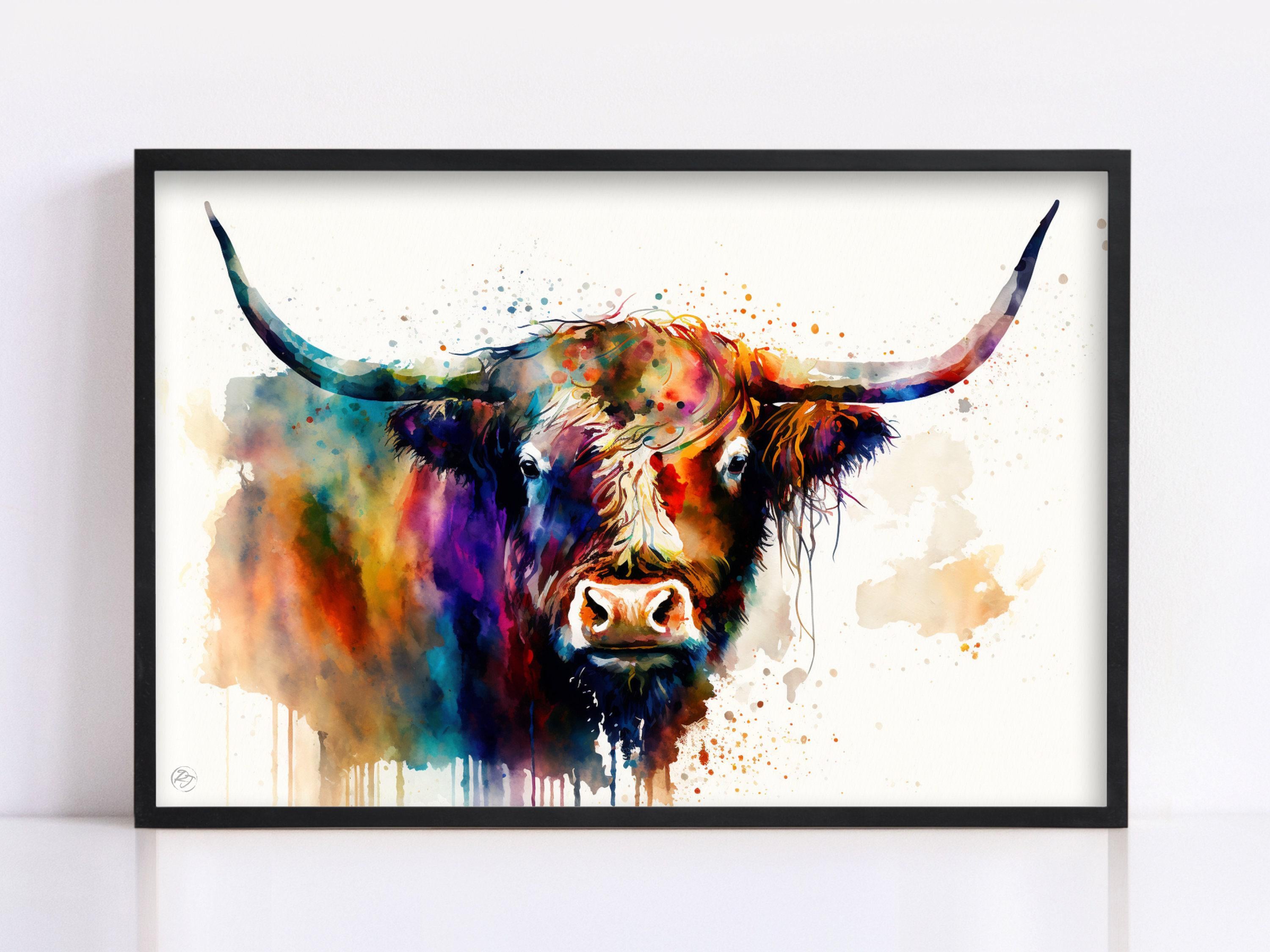 Highland Cow Portrait: Watercolor Highland Cattle Art, Giclee Canvas Print, Artist Paper, Watercolor Paper, Available in Extra Large Sizes