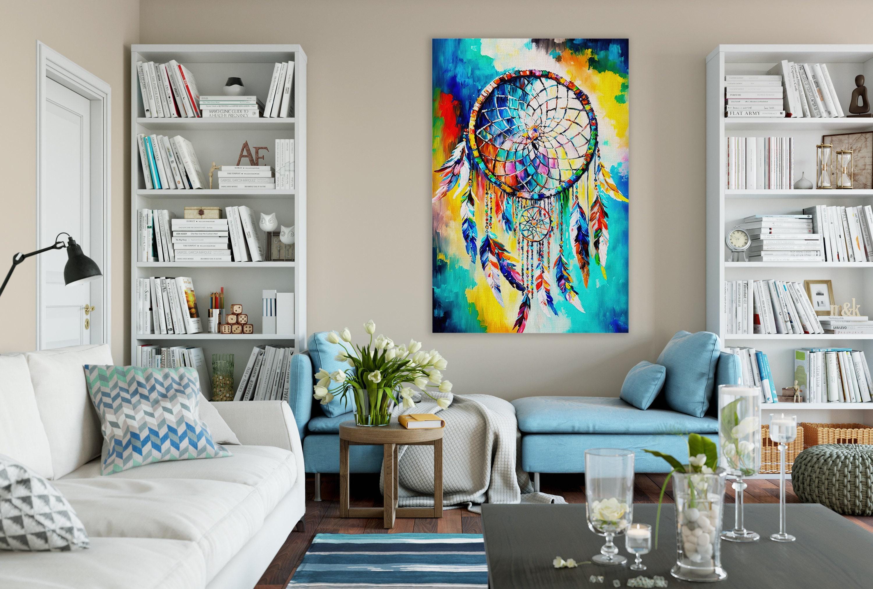 Dreamcatcher Art Print - Native American Canvas Wall Decor With Peacock Feather Art