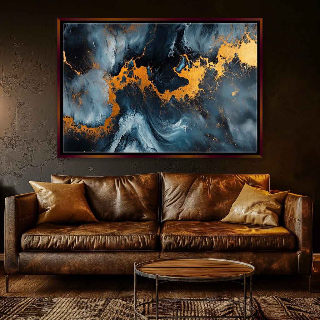 a living room with a couch and a painting on the wall