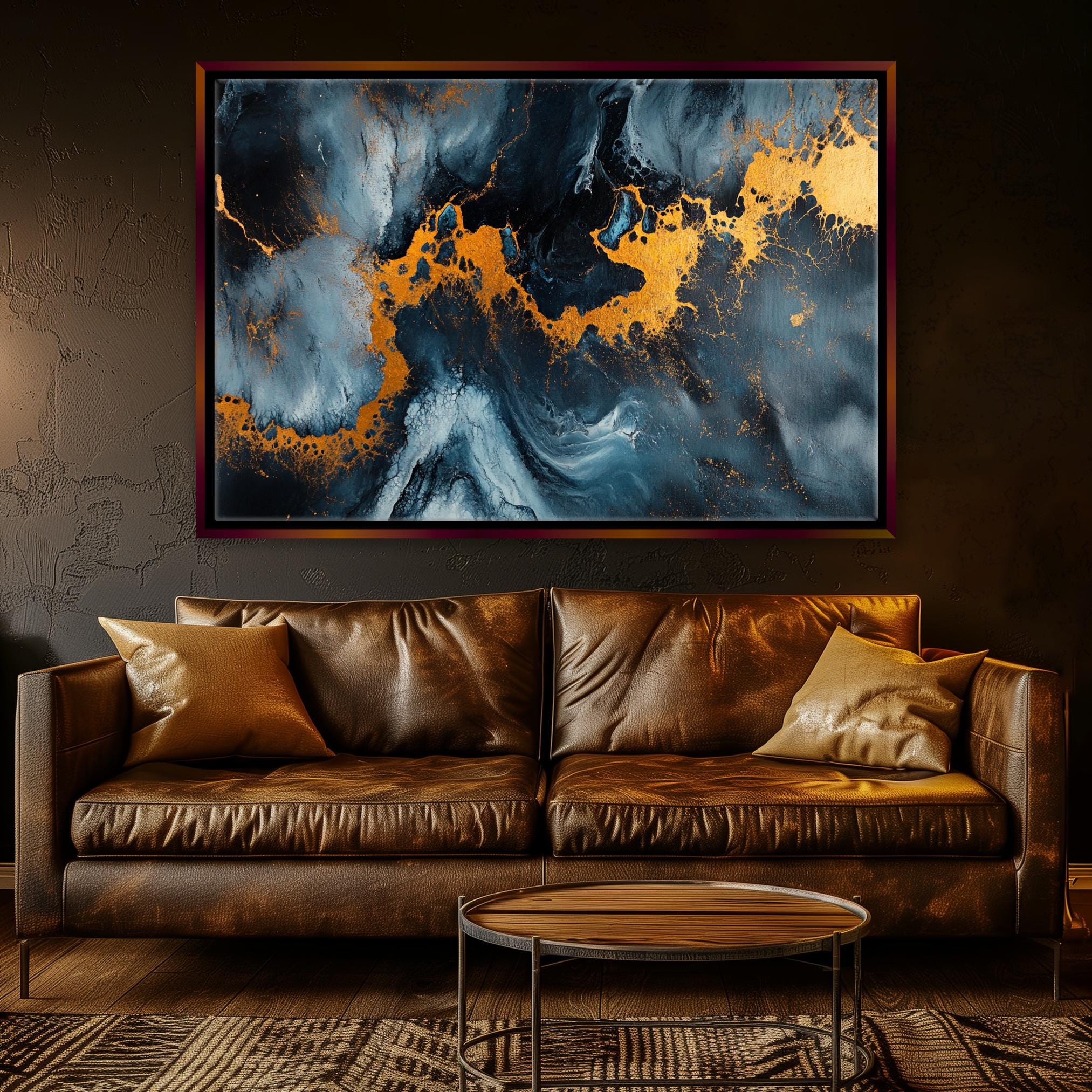 a living room with a couch and a painting on the wall