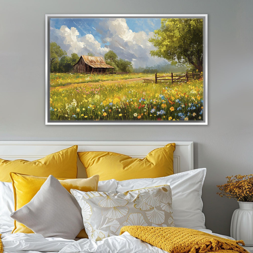 a painting of a field with a barn in the distance