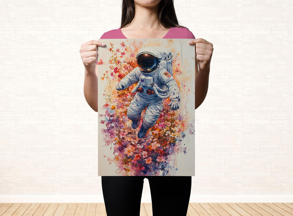 A woman holds up a poster featuring an astronaut floating in a colorful, floral-filled space.