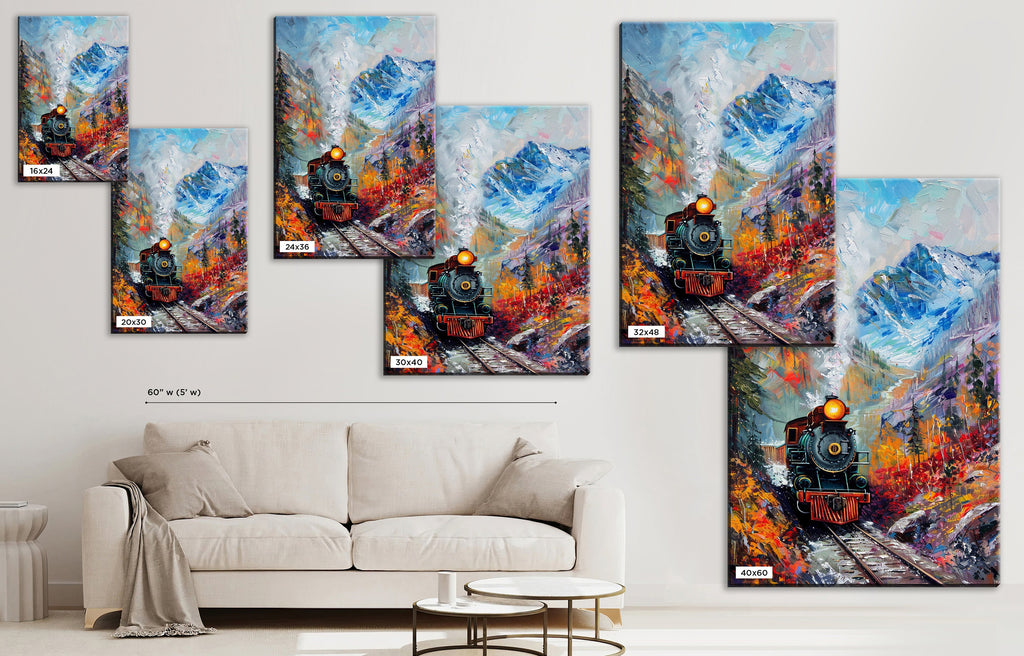 Train Station Canvas - Vintage Train Art | Fall Mountain Painting on Gallery Wrapped Canvas