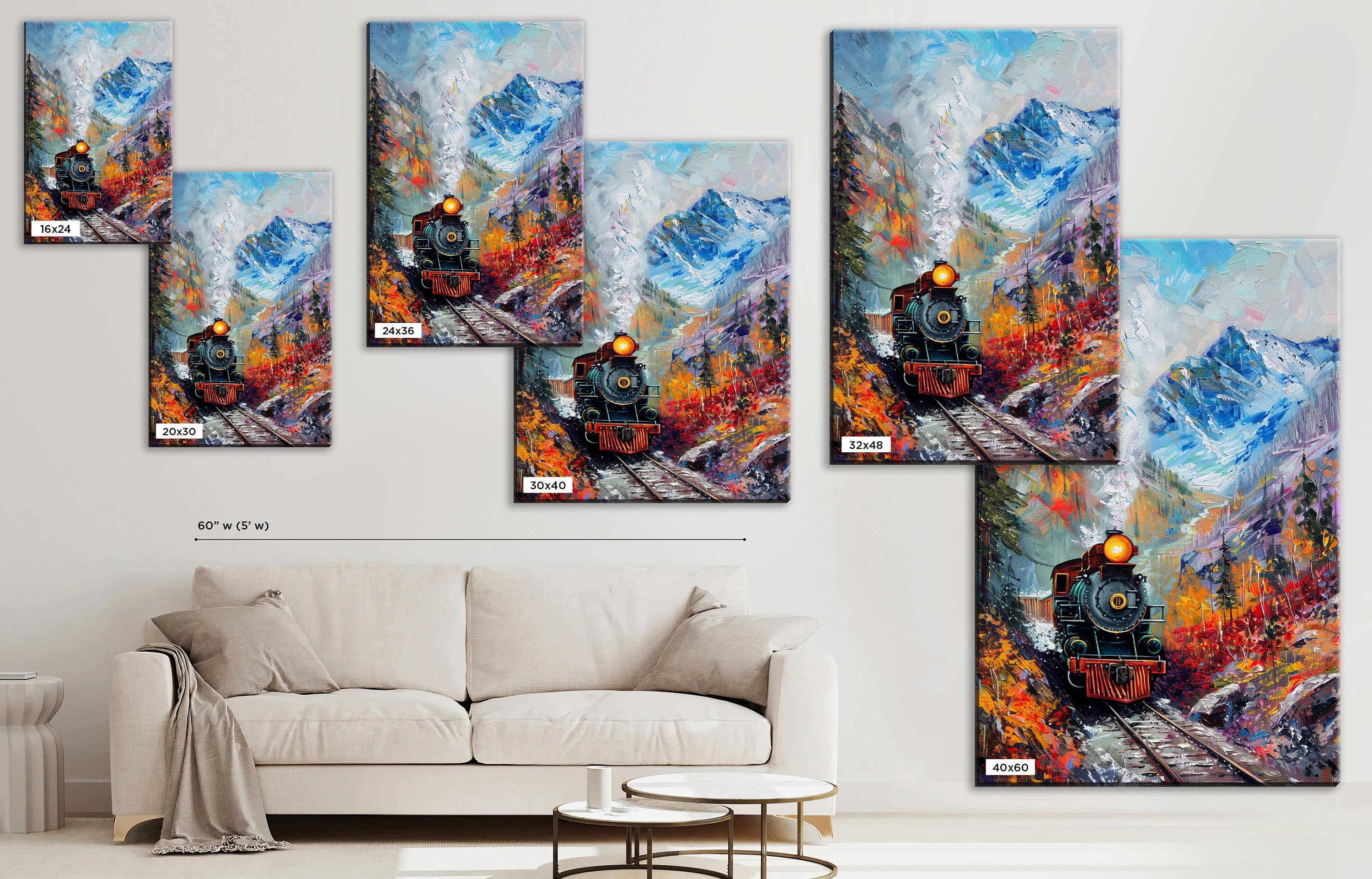 Train Station Canvas - Vintage Train Art | Fall Mountain Painting on Gallery Wrapped Canvas
