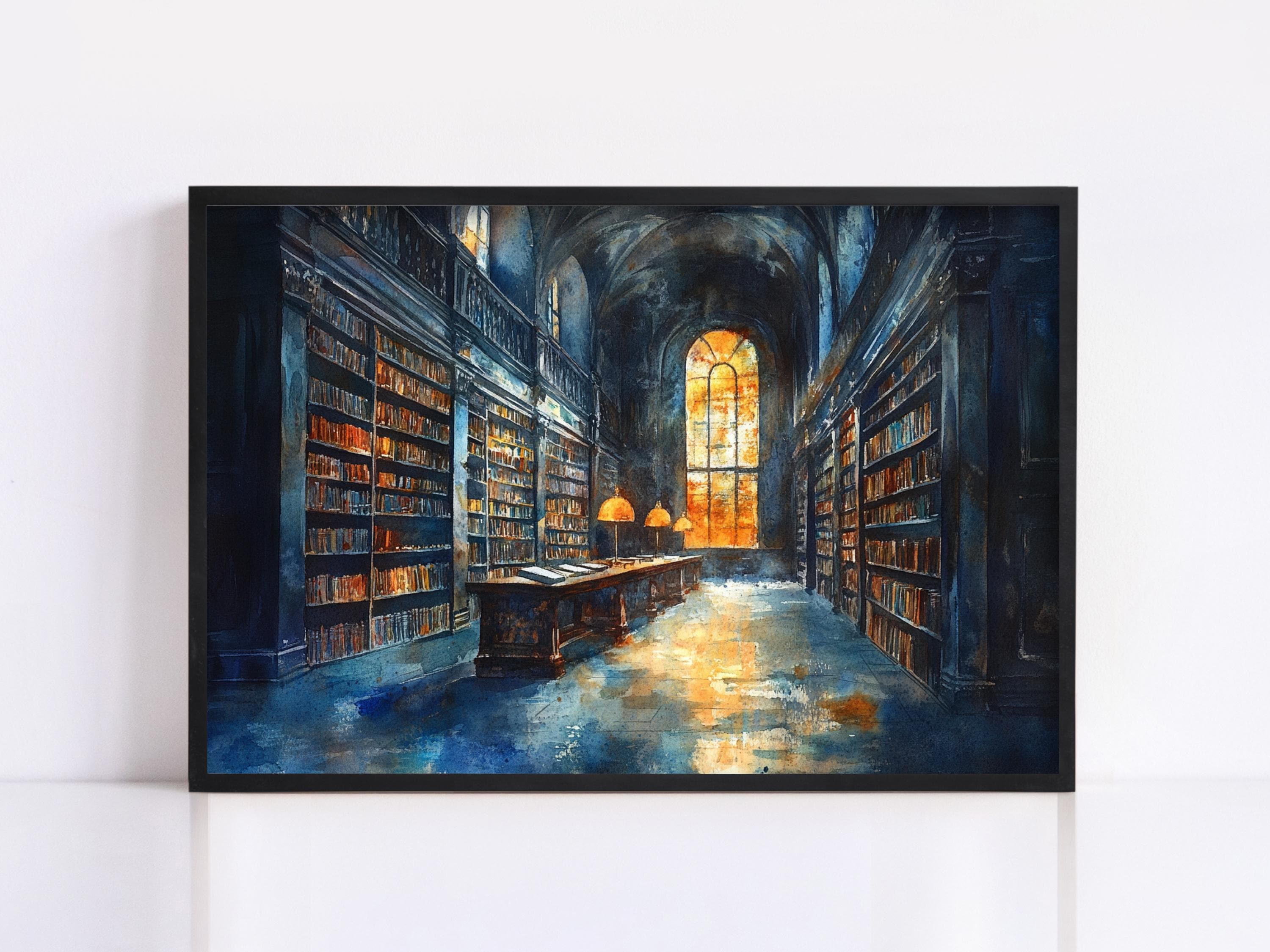 a grand library with tall bookshelves lining the walls, illuminated by a large stained glass window that casts a warm glow throughout the space.