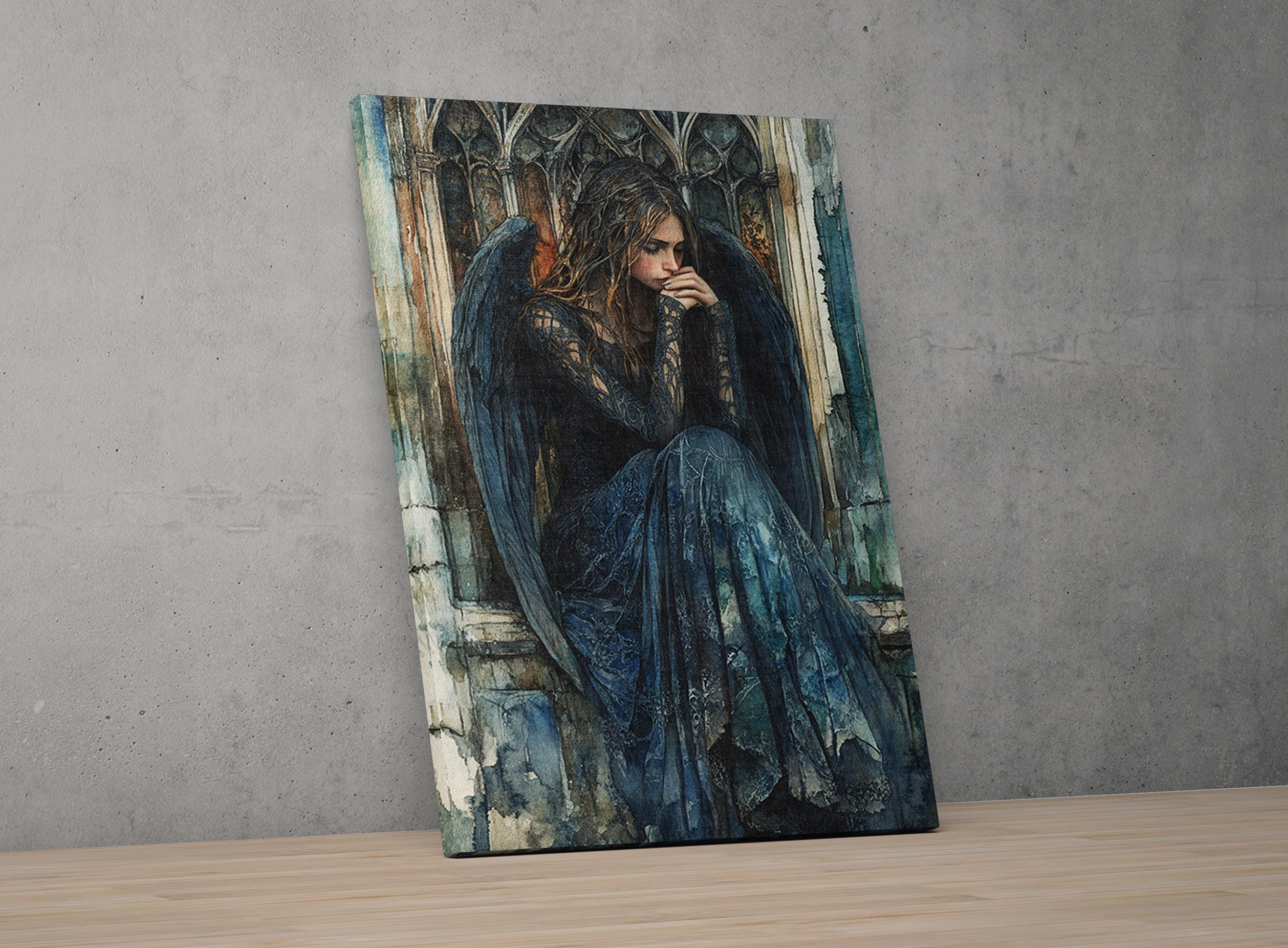 The image is a painting of a woman with long hair and wings, sitting in a window frame.