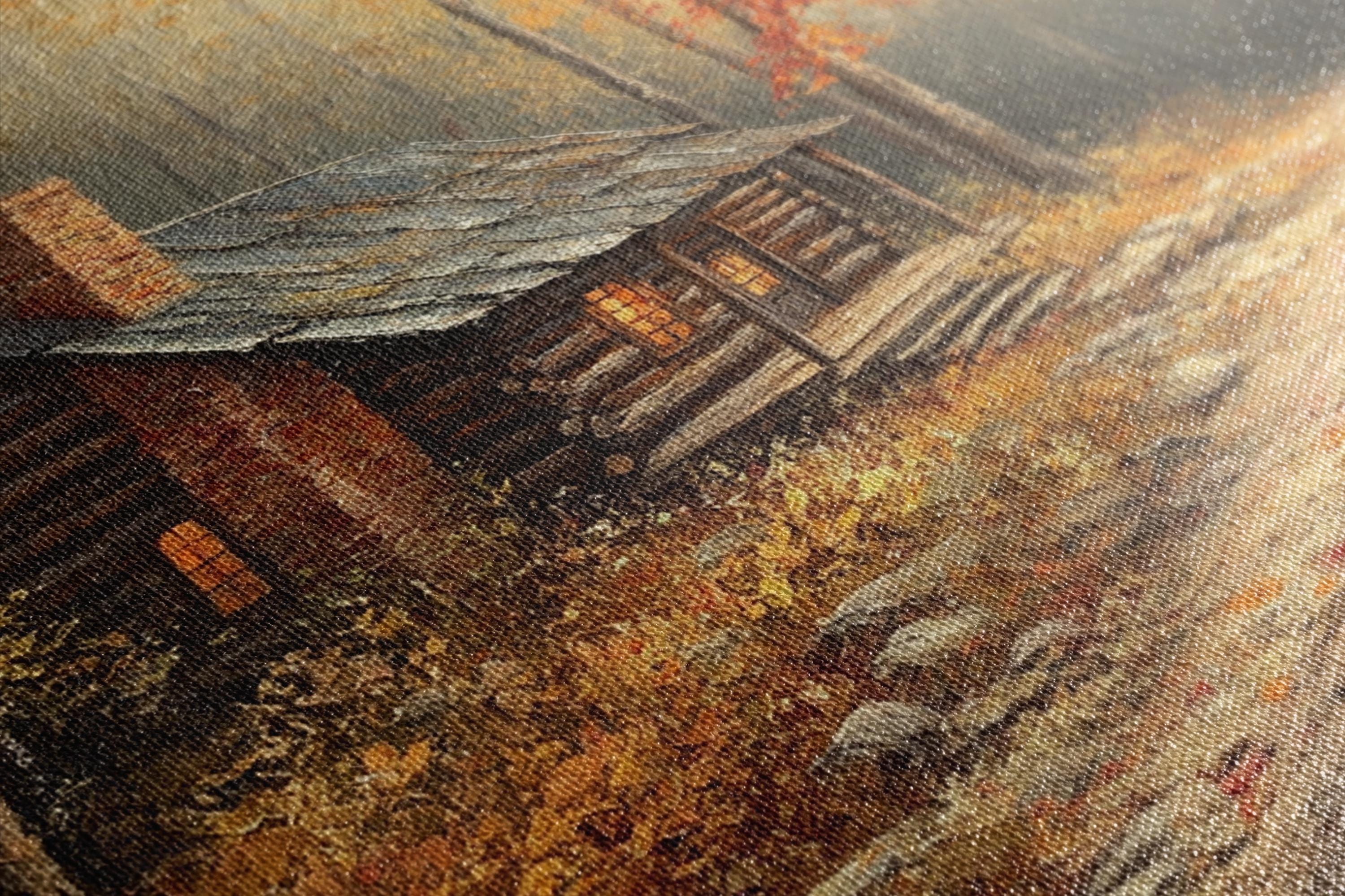 a rustic cabin nestled in a forested area, with a warm, earthy color palette of browns, oranges, and yellows.