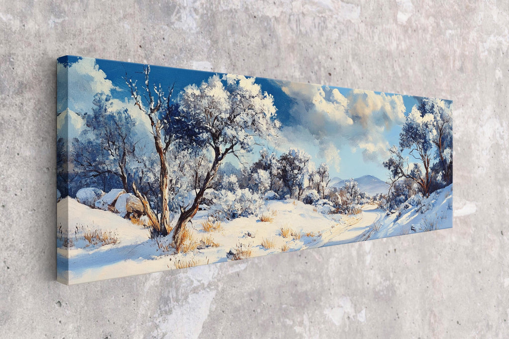 a painting of a snowy landscape on a wall