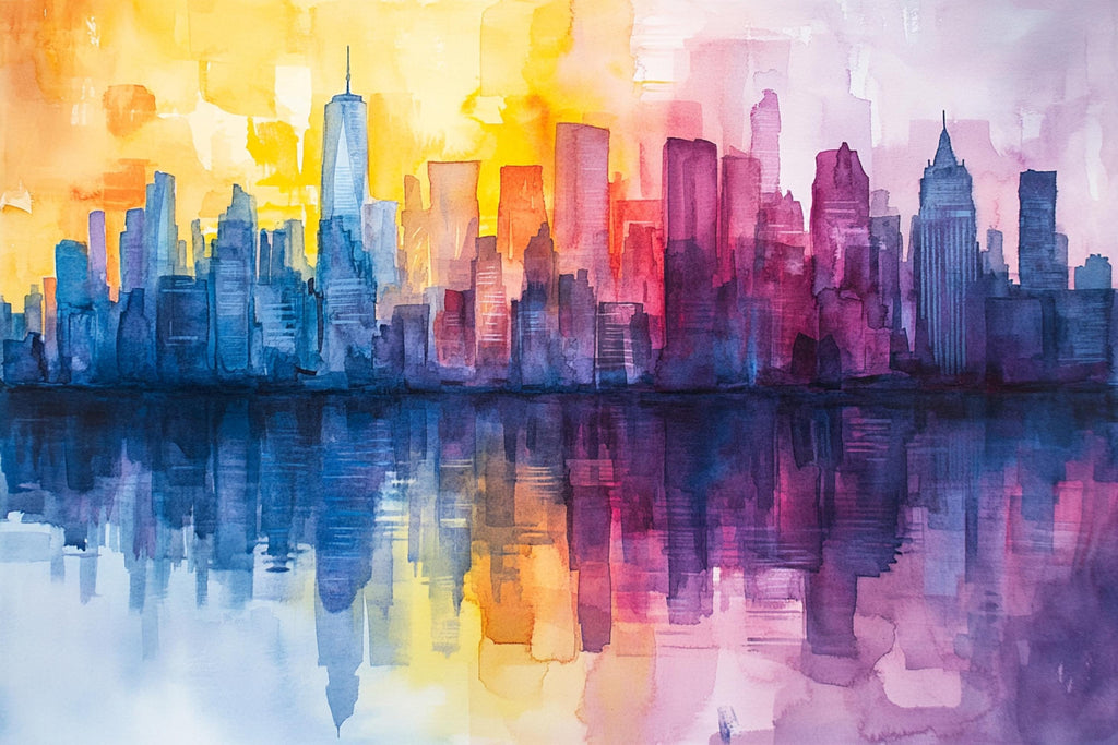 a vibrant cityscape with a reflection of the city skyline in the water below, creating a colorful and dynamic scene.