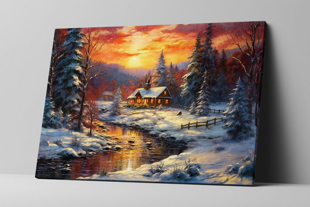 Winter Cabin Canvas | Vintage Oil Painting Rustic Winter Landscape Art - Gallery Wrapped