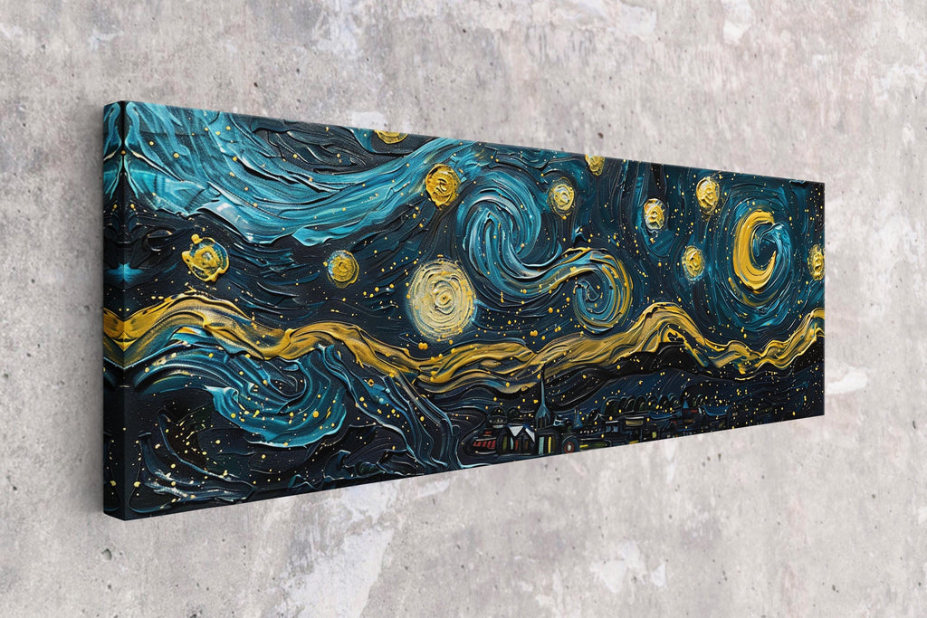 a painting on a wall of a starry night