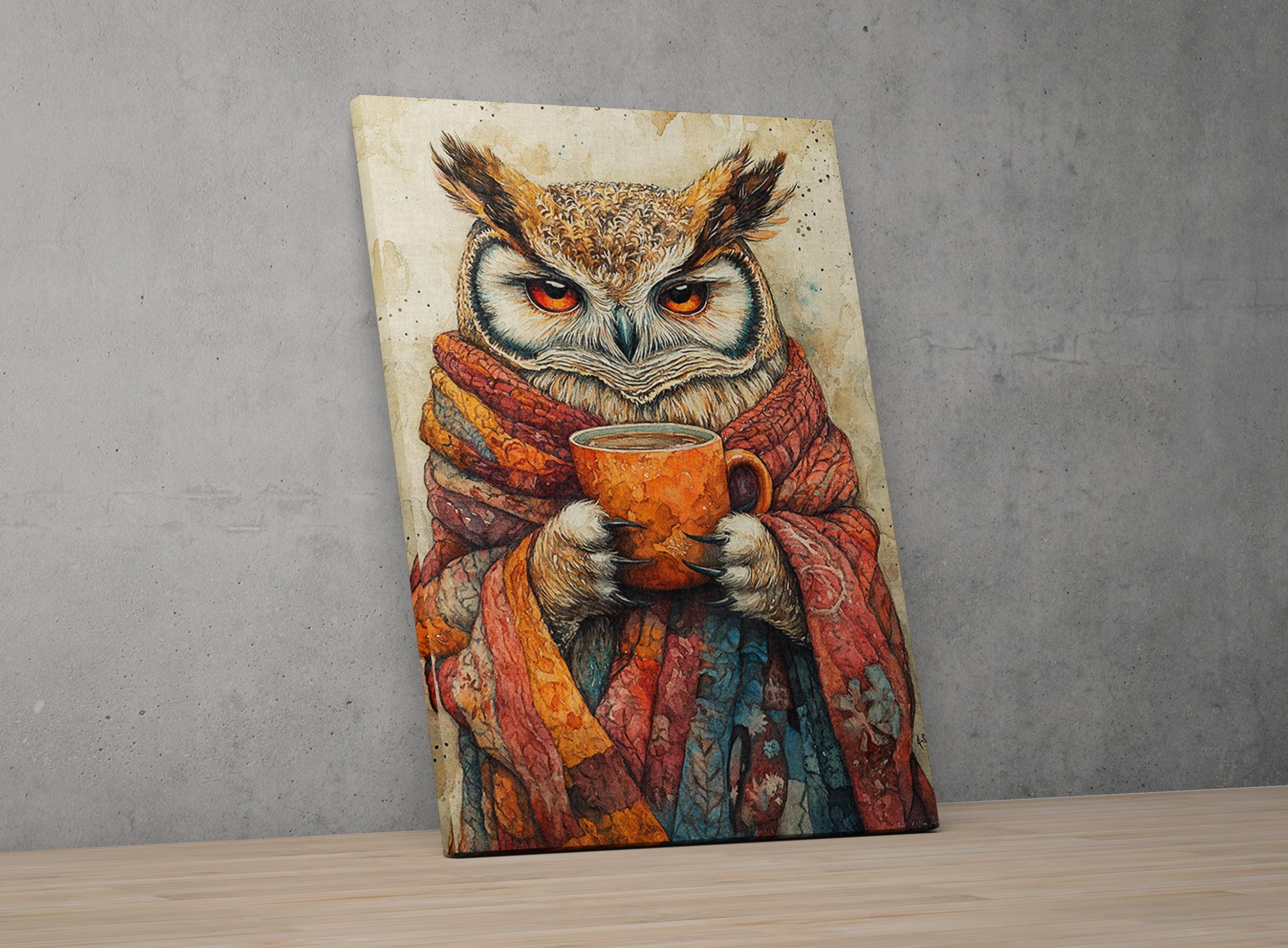 A painting of an owl wearing a colorful scarf and holding a cup of coffee, set against a gray background.