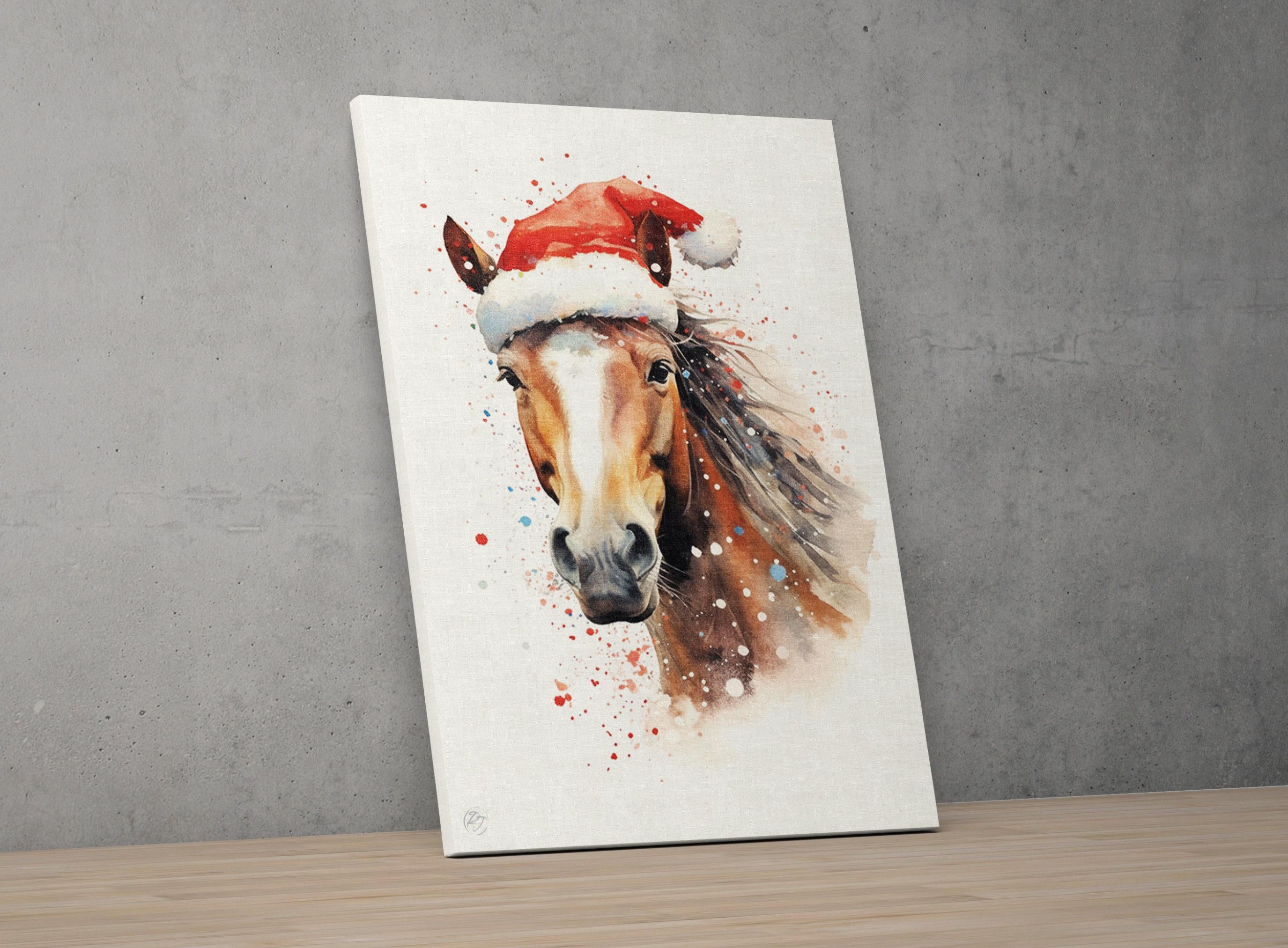 Christmas Equine - Watercolor Horse with Santa Hat, Giclee Print on Canvas, Artist Paper, Watercolor Paper, Available in Extra Large Sizes