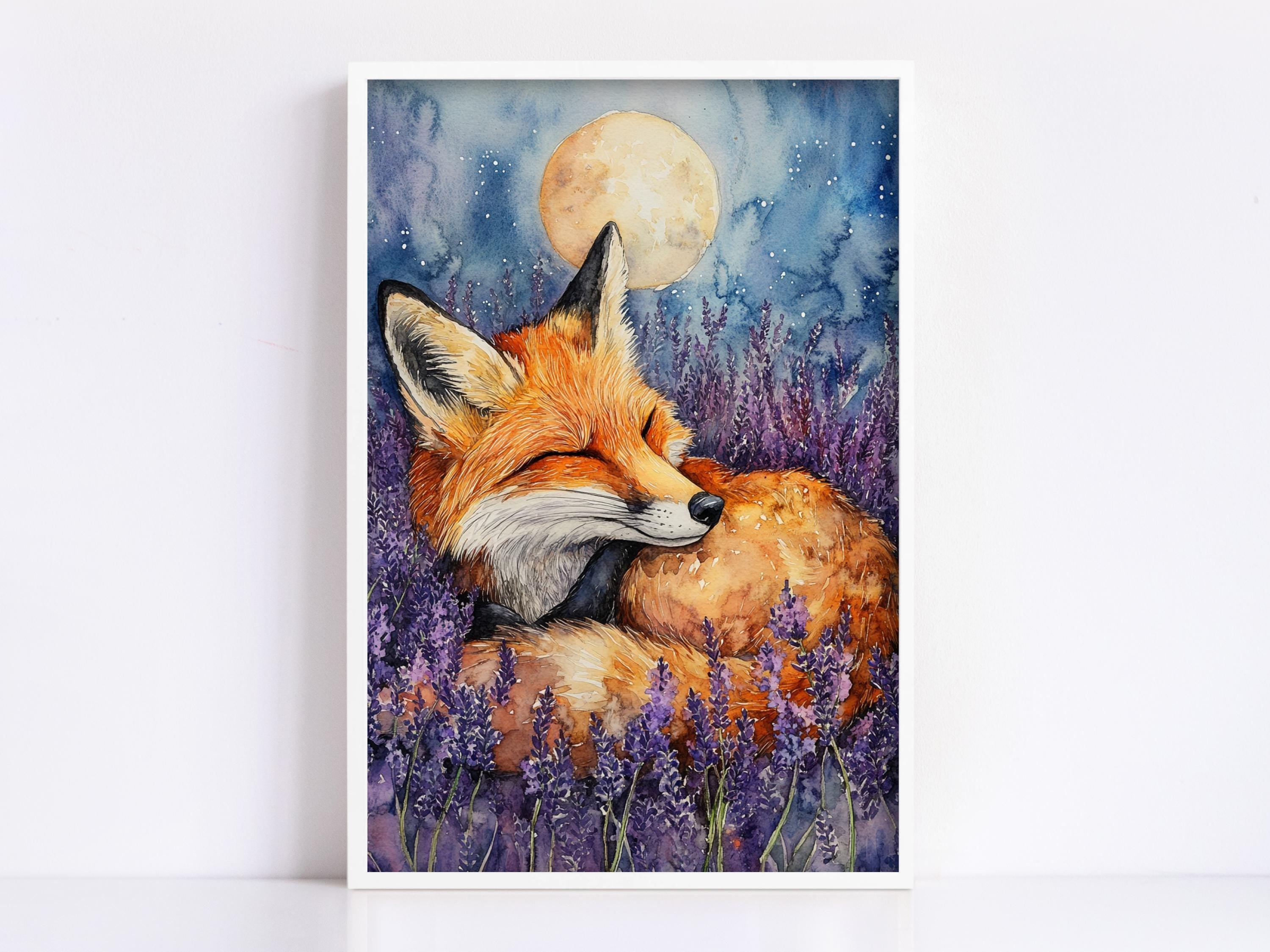 A painting of a sleeping fox in a field of purple flowers, with a full moon in the background.