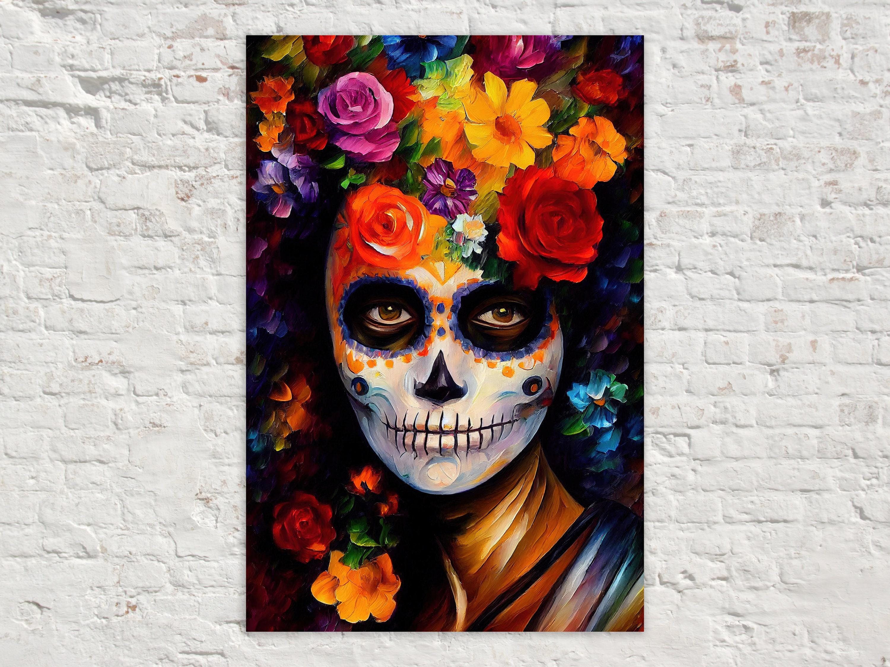 Sugar Skull Woman Canvas – Vibrant Day of the Dead Art | Floral Skull Print