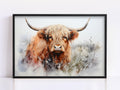 Watercolor Highland Cow Wall Art Print, Giclee Print on Canvas, Artist Paper, Watercolor Paper, Available in Extra Large Sizes