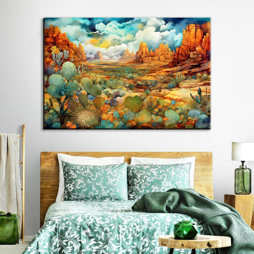 a bedroom with a large, colorful painting of a desert landscape hanging on the wall above a bed with a green and white floral bedspread.
