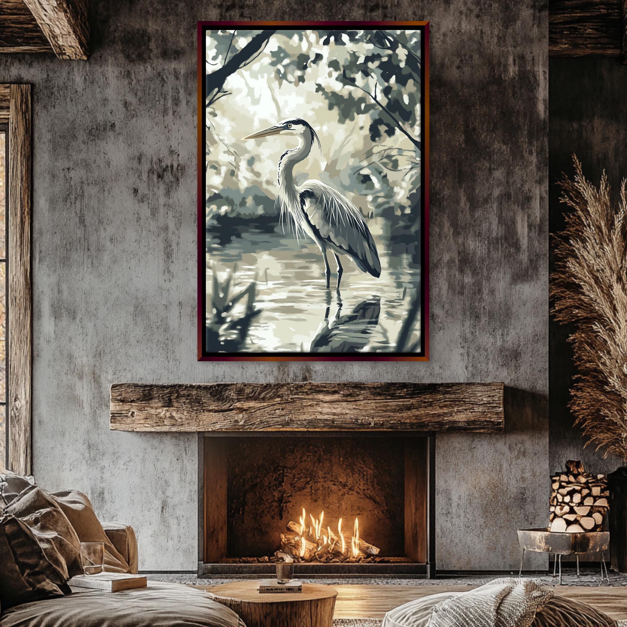 a living room with a fire place and a painting on the wall