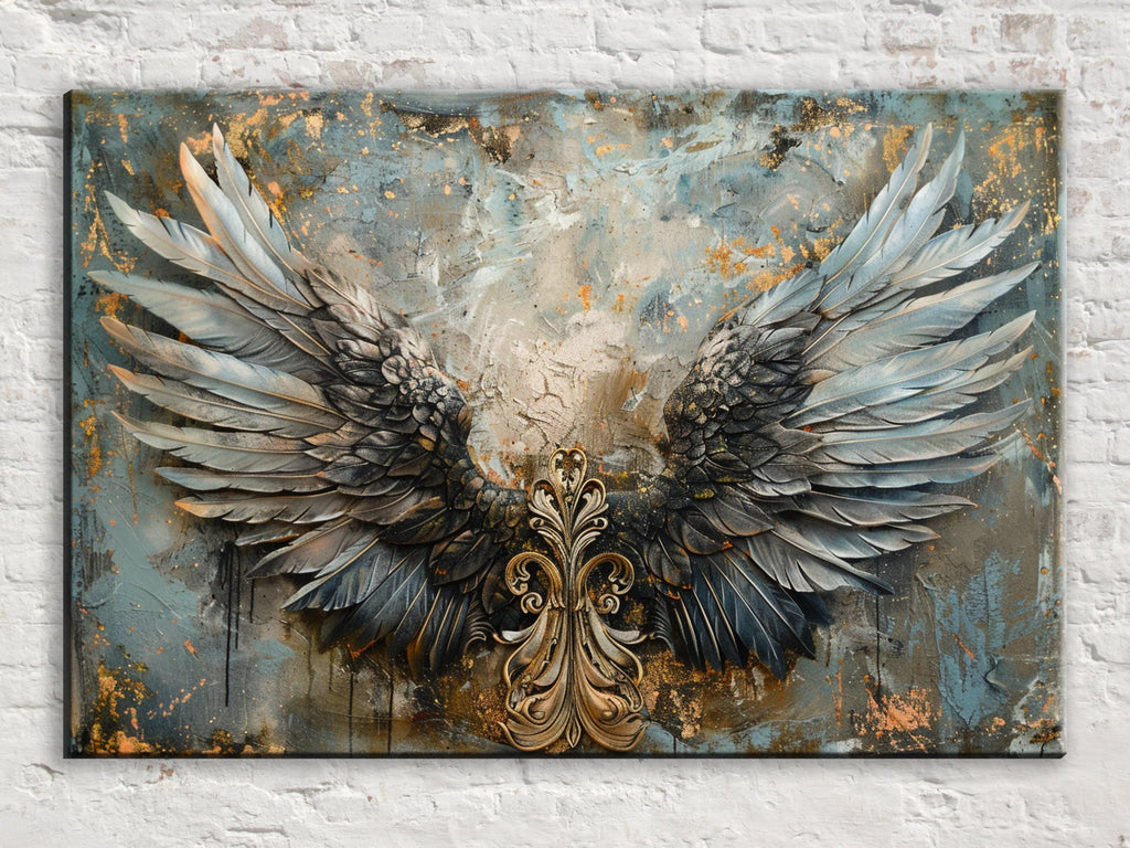 Angel Wings Wall Art – Large Canvas Art | Blue and Gold Painting, Ornate Feather Design