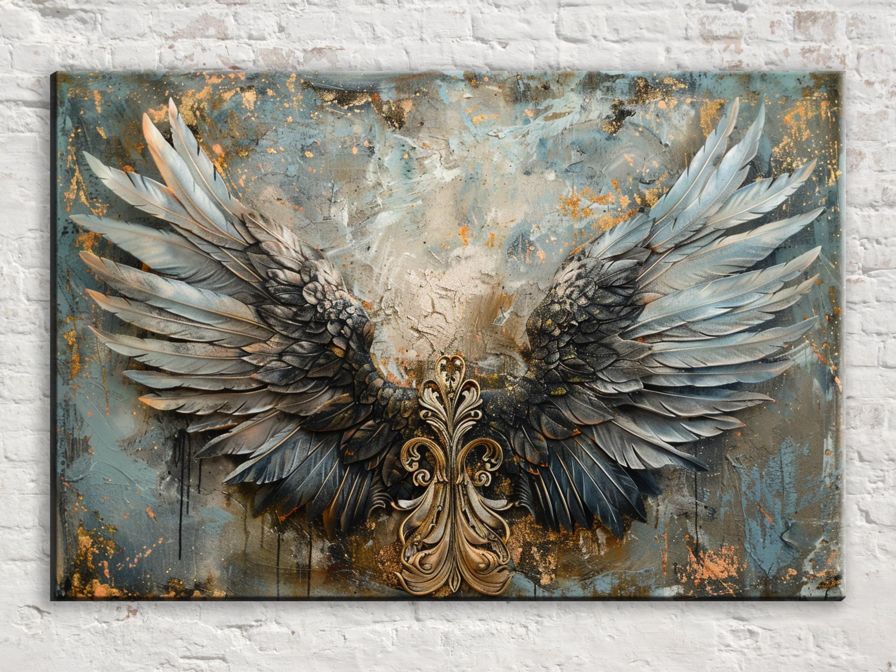 Angel Wings Wall Art – Large Canvas Art | Blue and Gold Painting, Ornate Feather Design