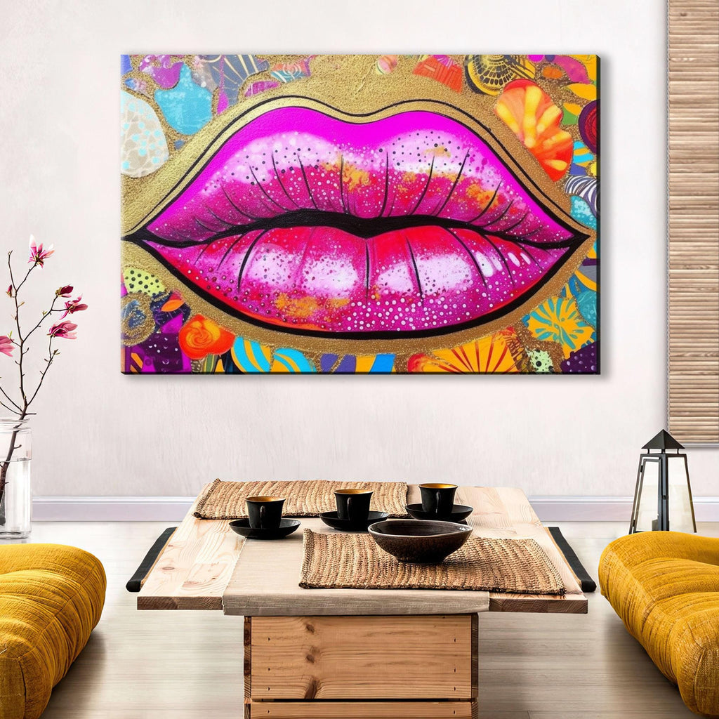 Gold Glitter Lips Canvas Wall Art – Large Feminine Pop Art Decor, Gallery Ready Print