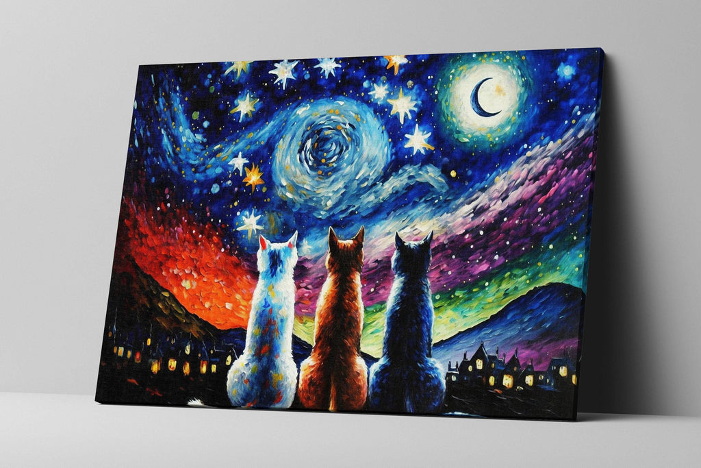 The image is a painting depicting three cats sitting together under a starry night sky, with a crescent moon and twinkling stars in the background.