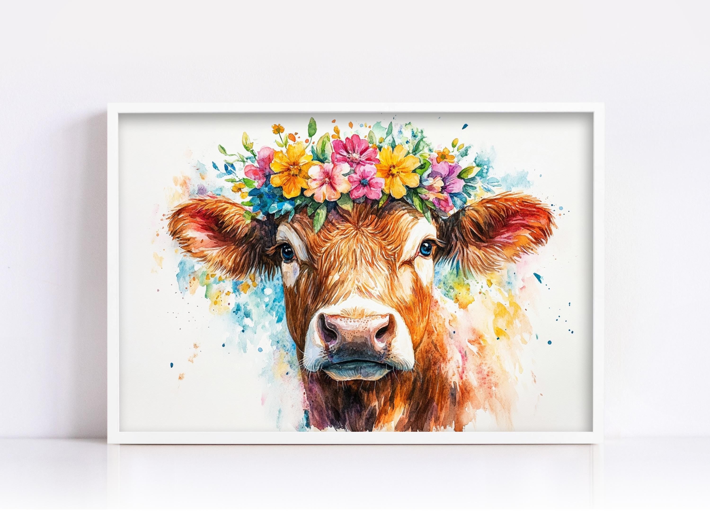 A cow wearing a colorful flower crown is depicted in the image.