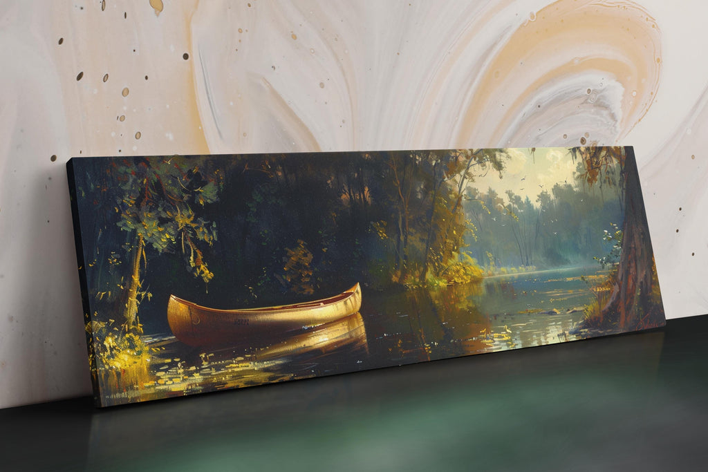 a painting of a canoe on a lake