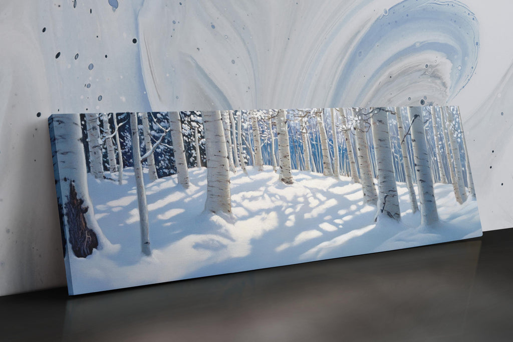 a painting of a snowy landscape with trees
