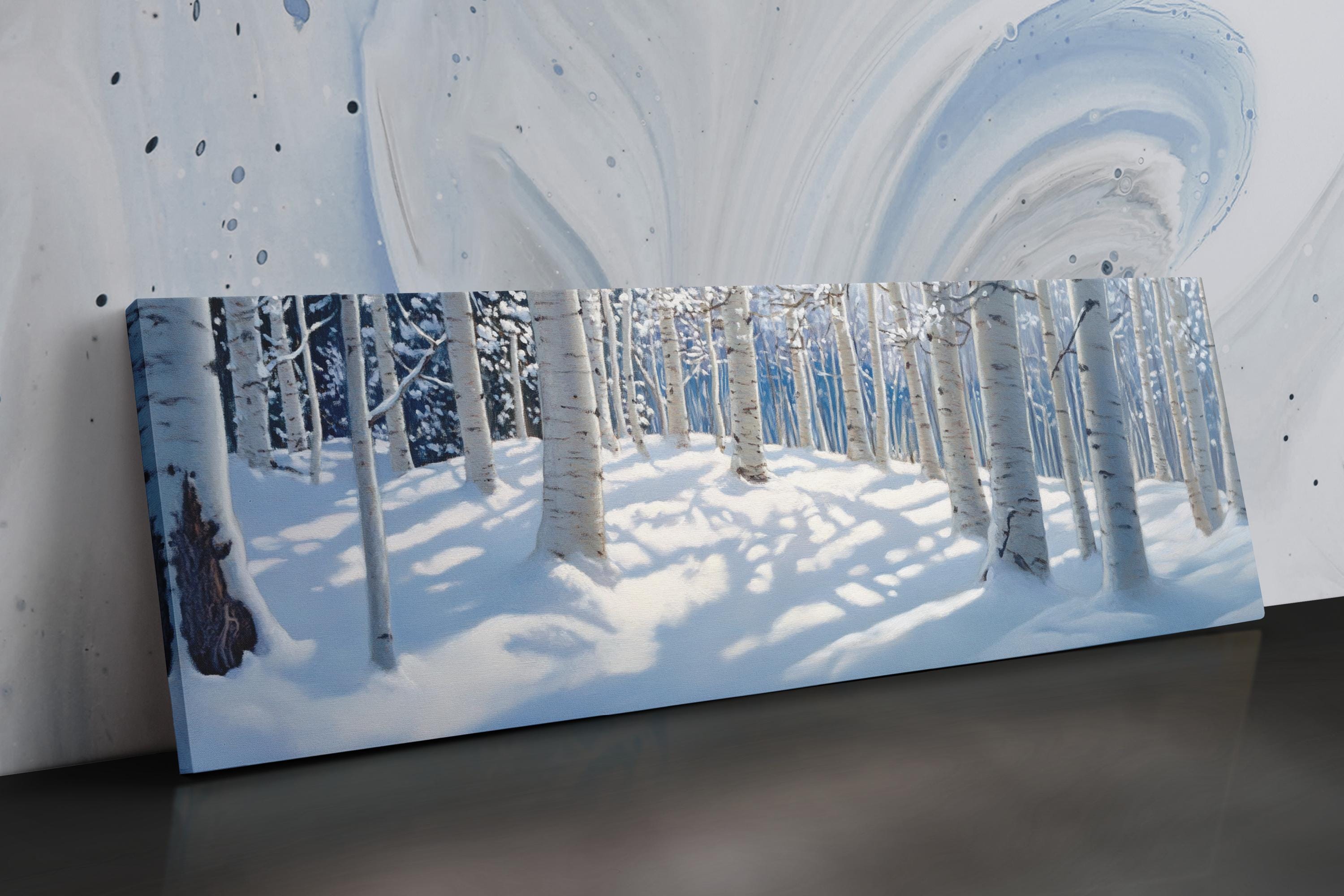 a painting of a snowy landscape with trees