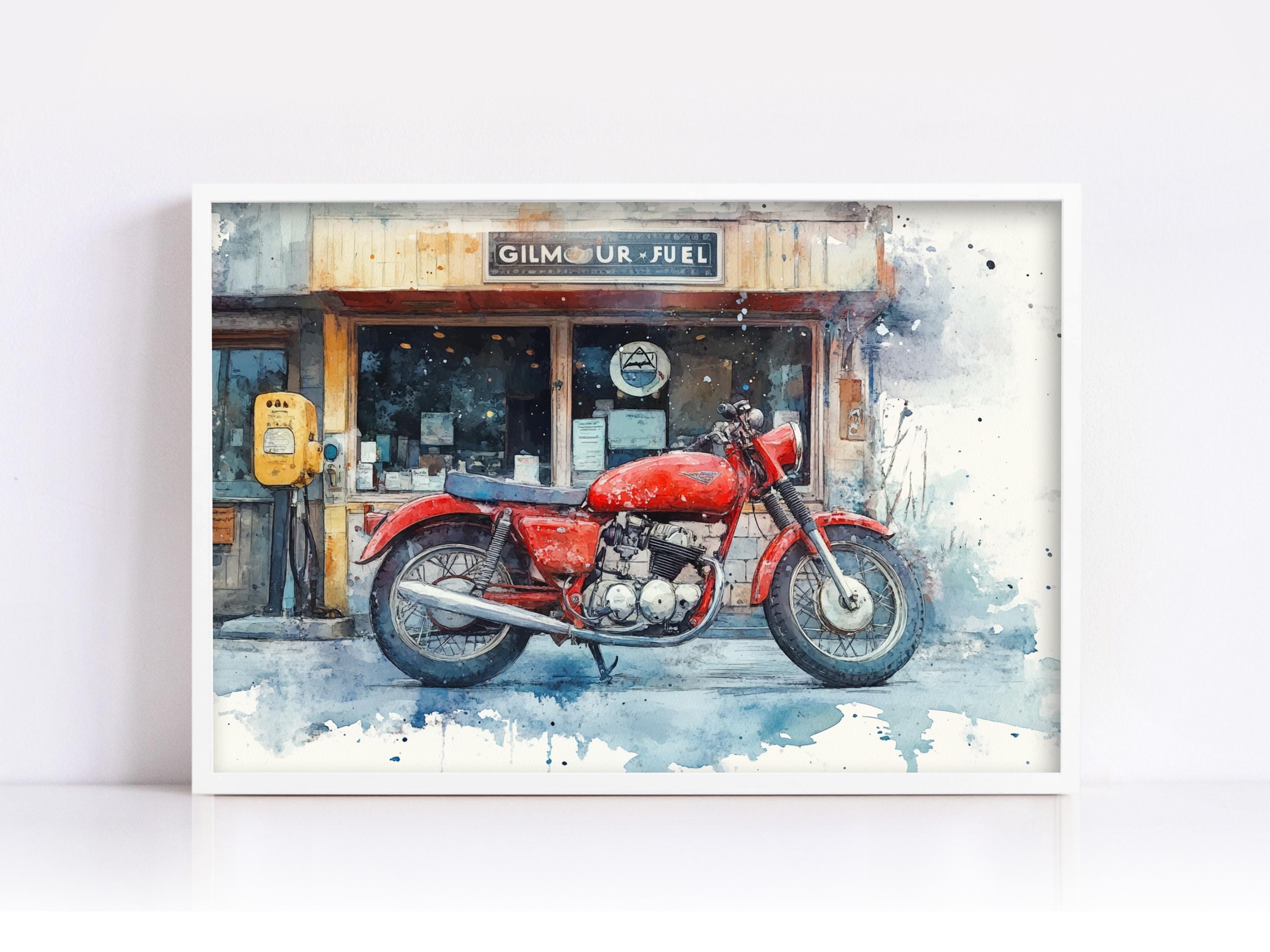 A red motorcycle is parked in front of a gas station named "GILMUR-UR-FUEL".