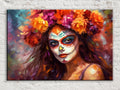 Day of the Dead Art - Mexican Woman Sugar Skull Canvas | Gallery Wrapped Large Floral Skull Decor