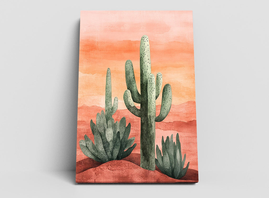 a desert scene with a cactus in the foreground and other cacti in the background, set against a warm orange and red sky.
