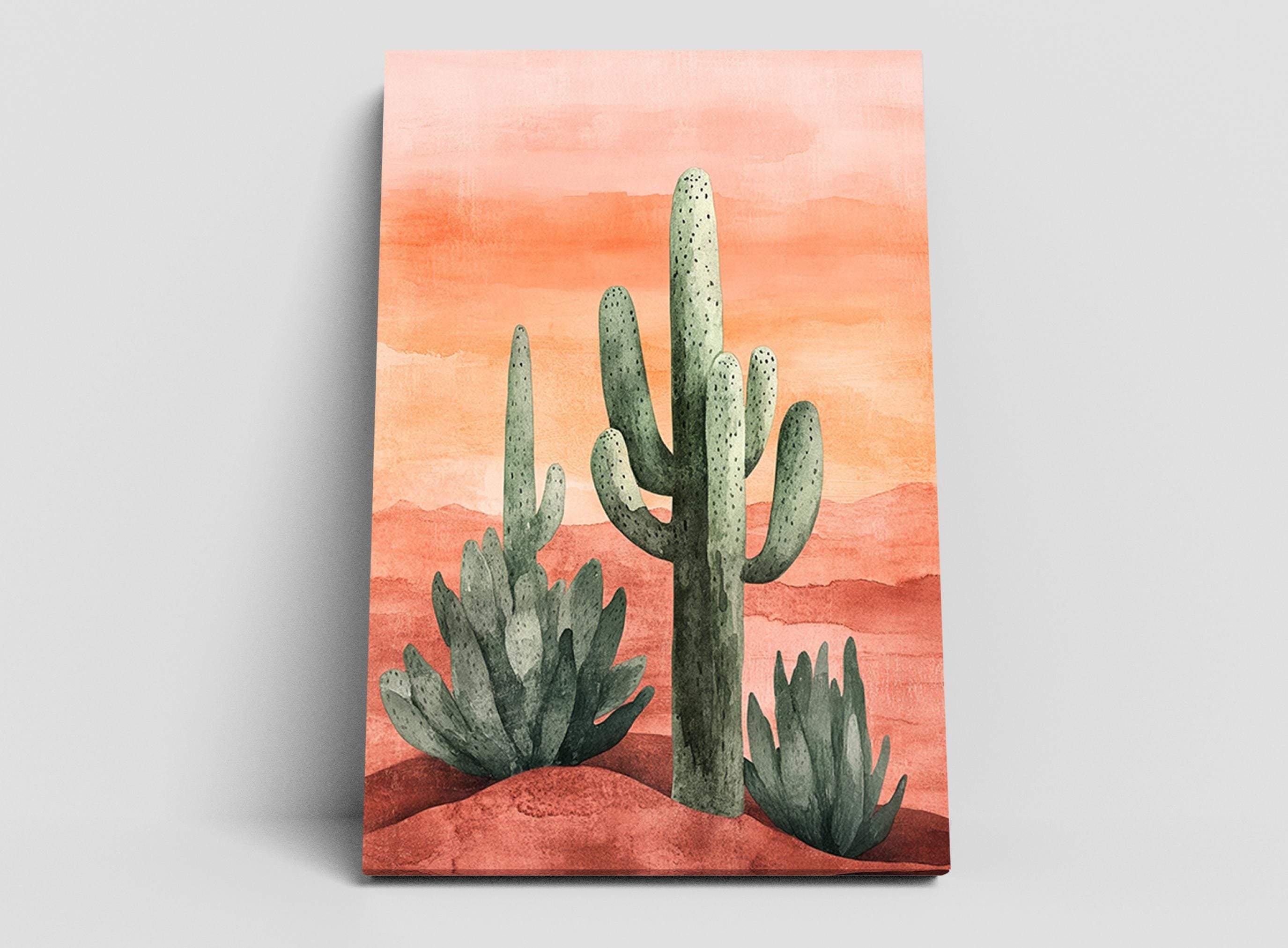 a desert scene with a cactus in the foreground and other cacti in the background, set against a warm orange and red sky.