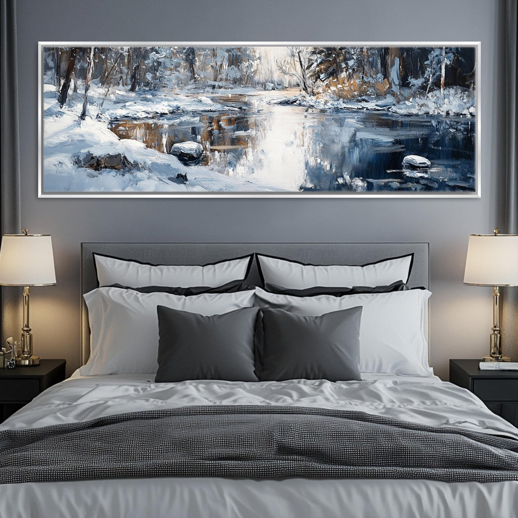 a large painting of a winter scene hangs above a bed