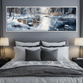 a large painting of a winter scene hangs above a bed