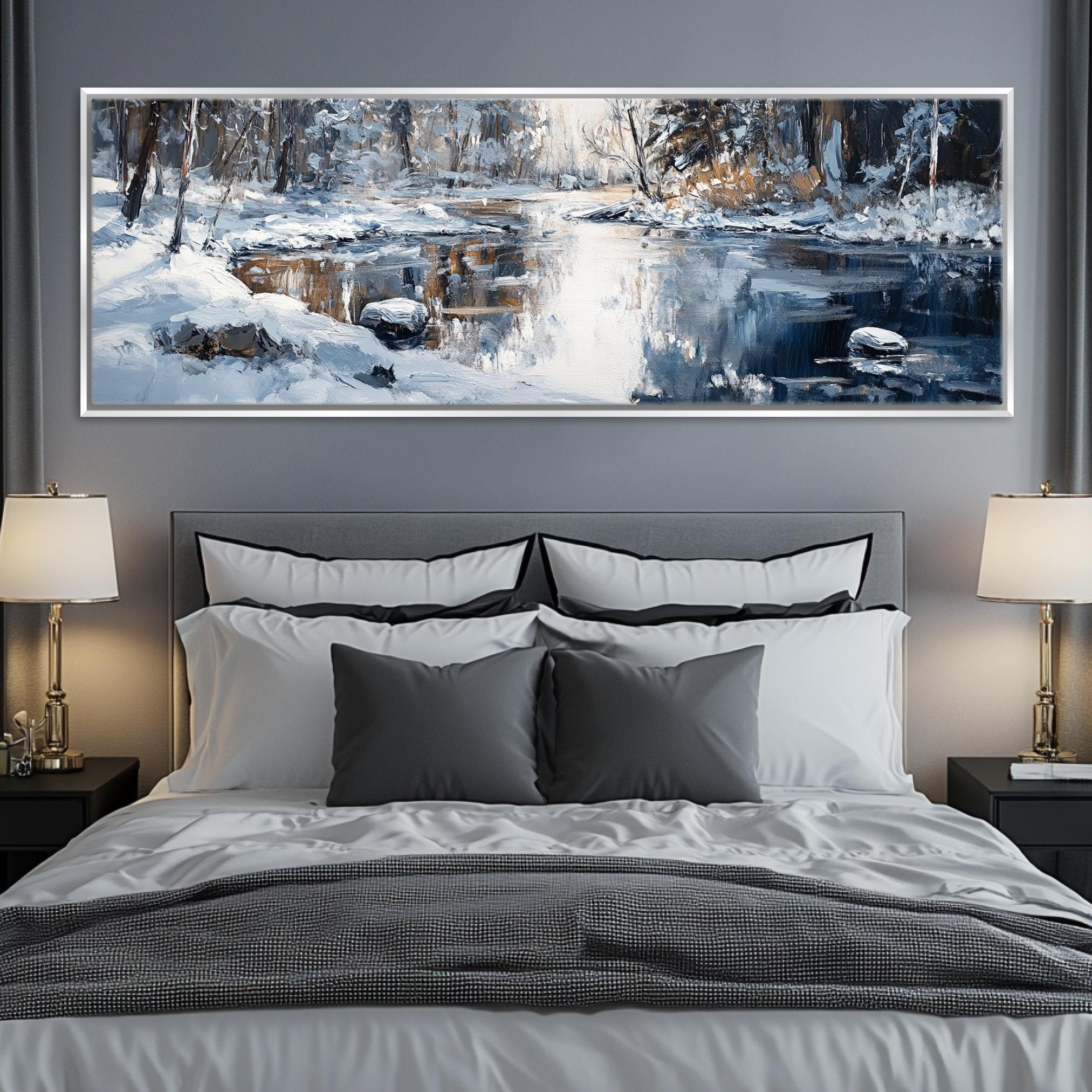 a large painting of a winter scene hangs above a bed