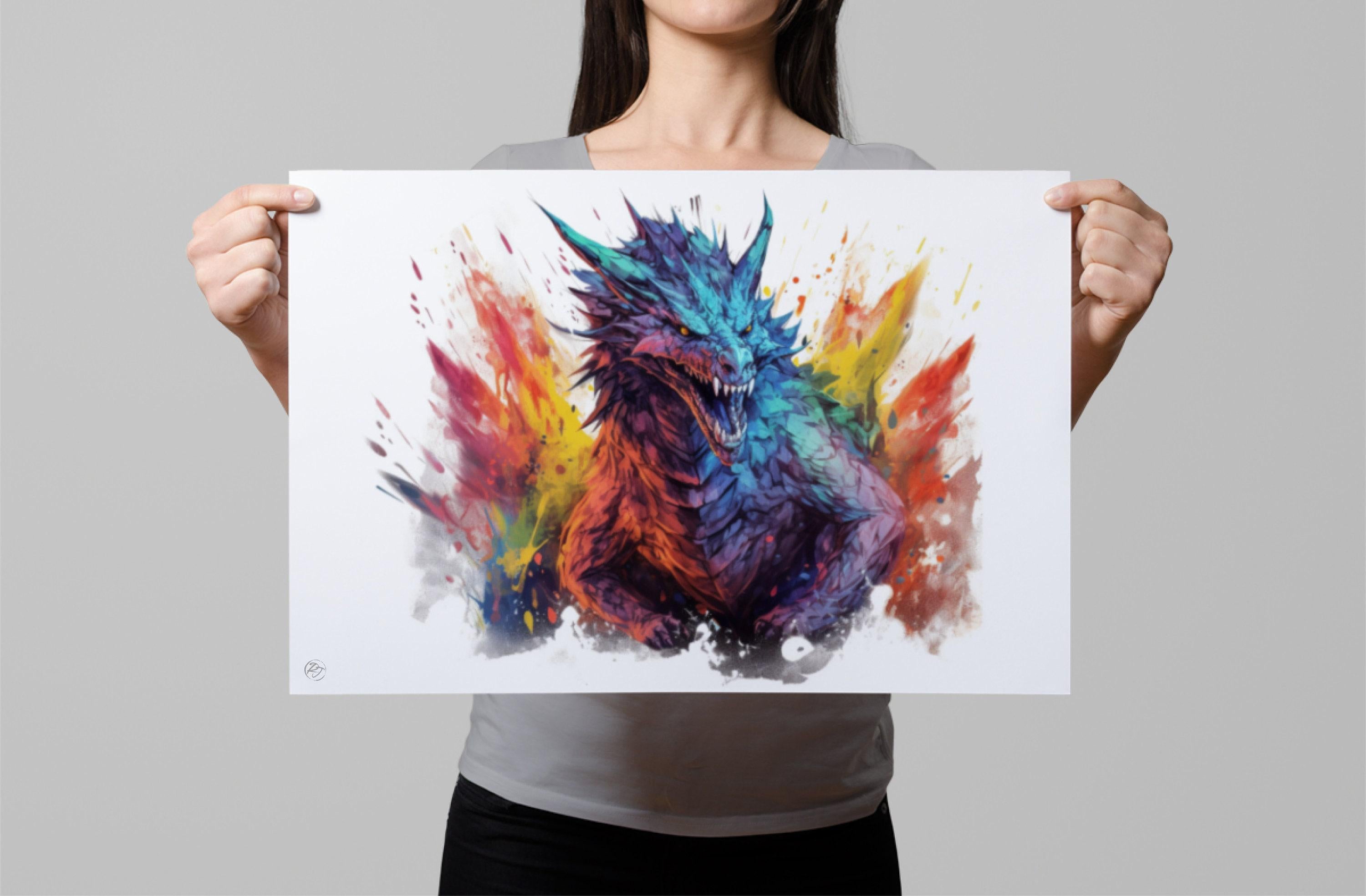 Mystical Dragon Majesty: Watercolor Wall Art Print, Giclee Print on Canvas, Artist Paper, Watercolor Paper, Available in Extra Large Sizes