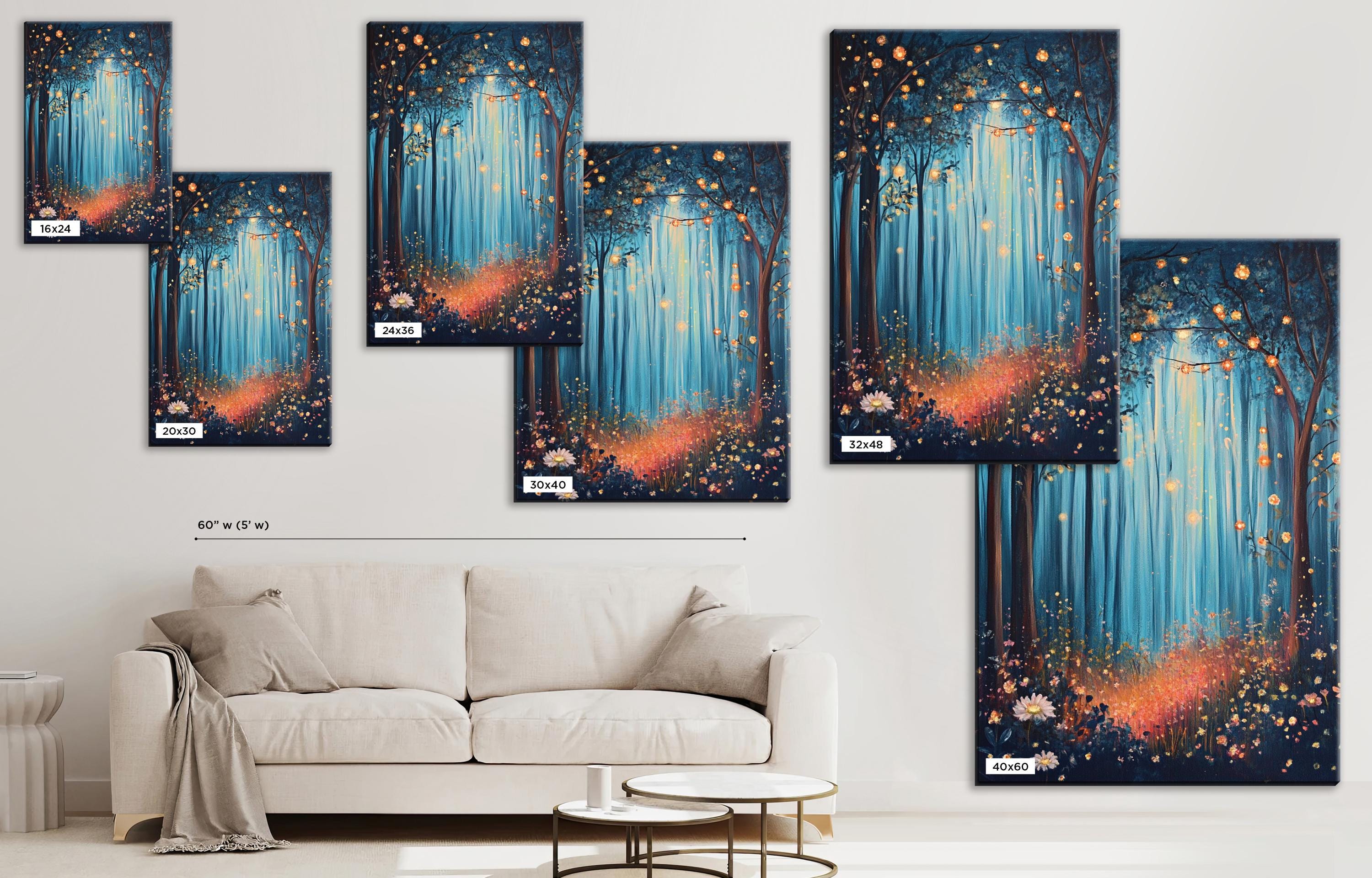 a living room with a couch and paintings on the wall