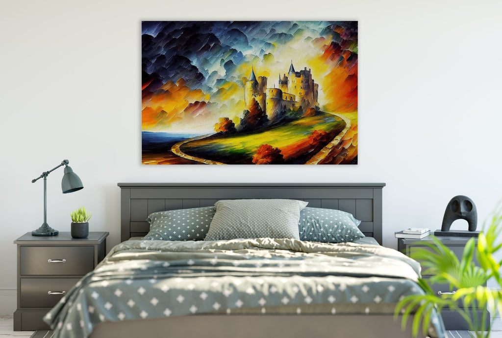 Castle Canvas Wall Art – Fantasy Oil Painting with Vibrant Colorful Decor