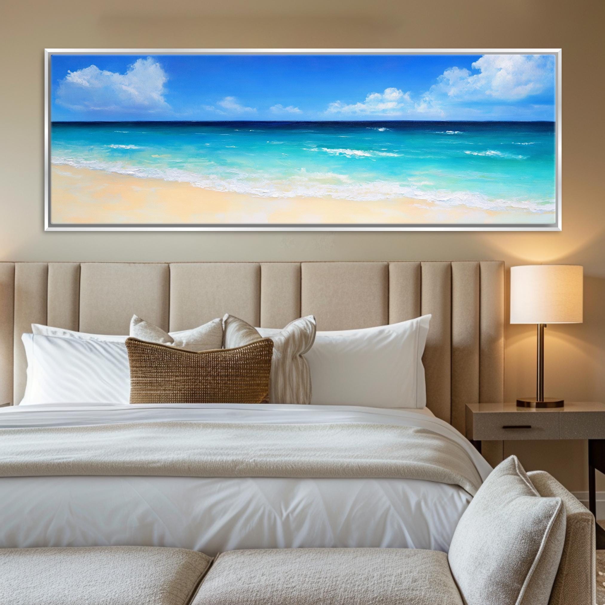 a bedroom with a large painting on the wall above the bed
