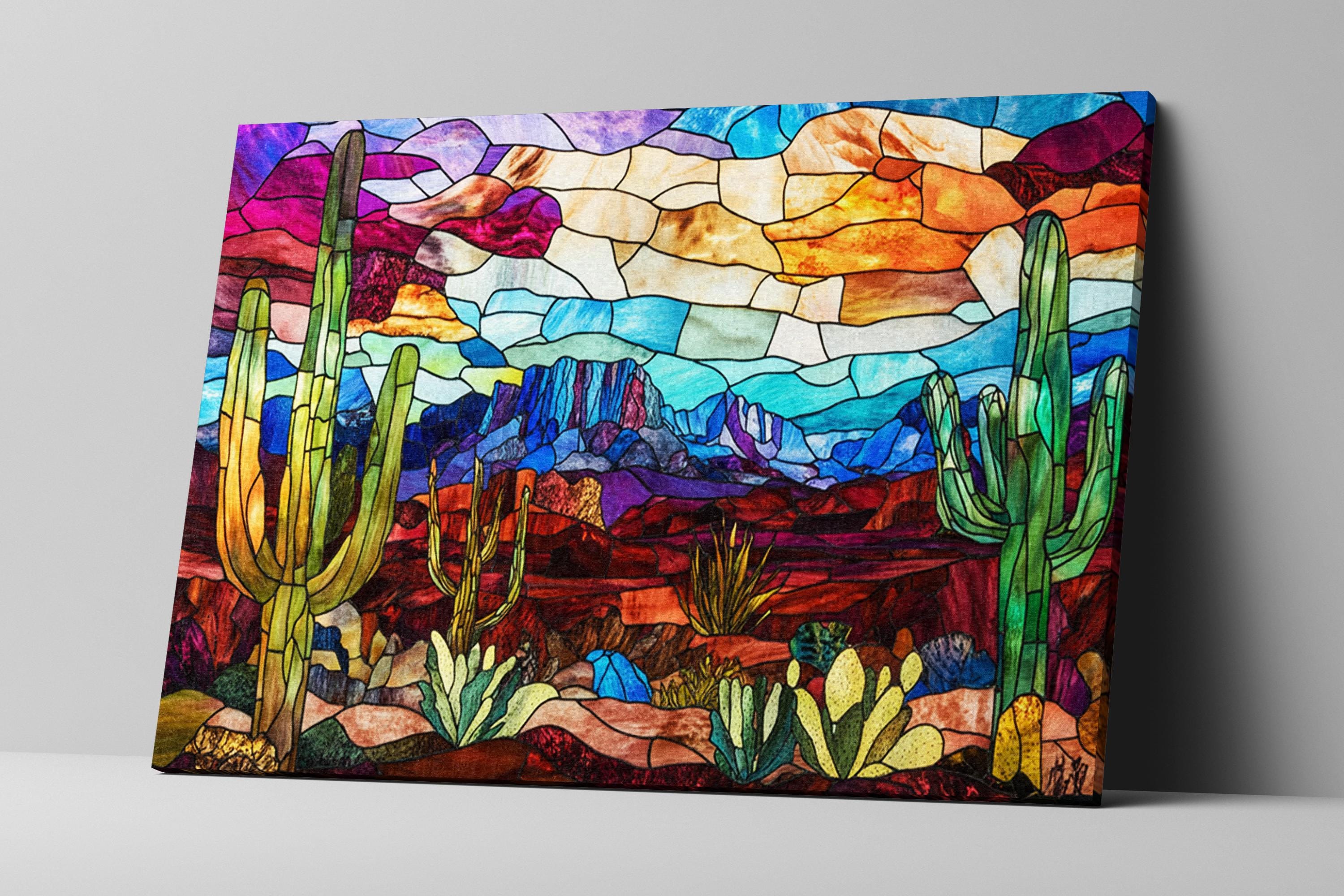 a painting of a desert scene with cacti