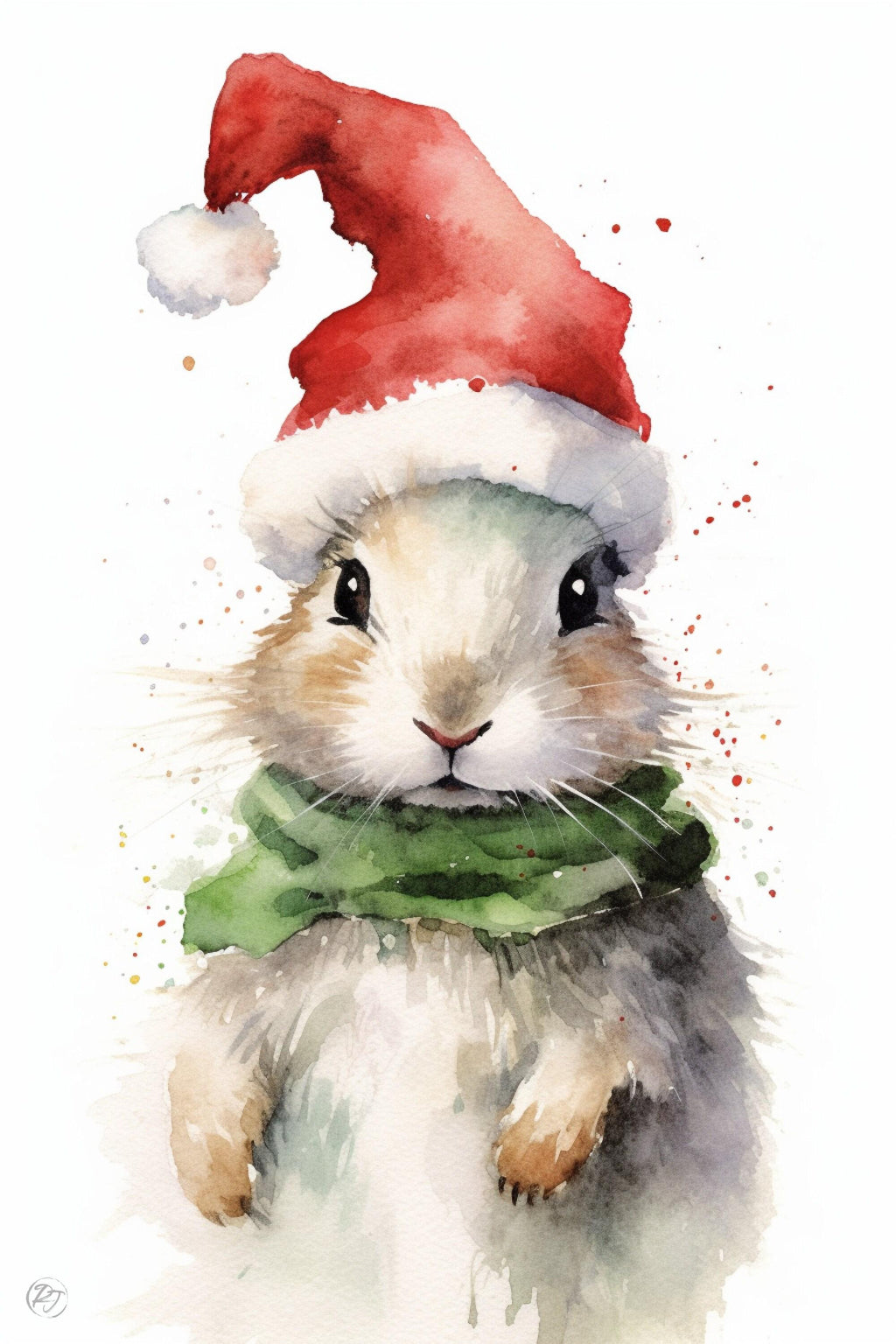 Festive Bunny in Santa Hat Watercolor Art Print, Giclee Print on Canvas, Artist Paper, Watercolor Paper, Available in Extra Large Sizes